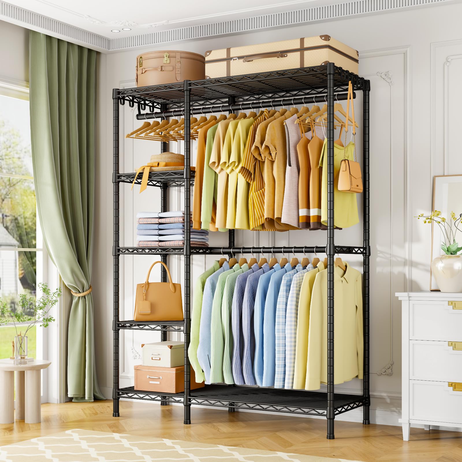 Ulif F2 side shelves organize folded clothes and storage boxes.