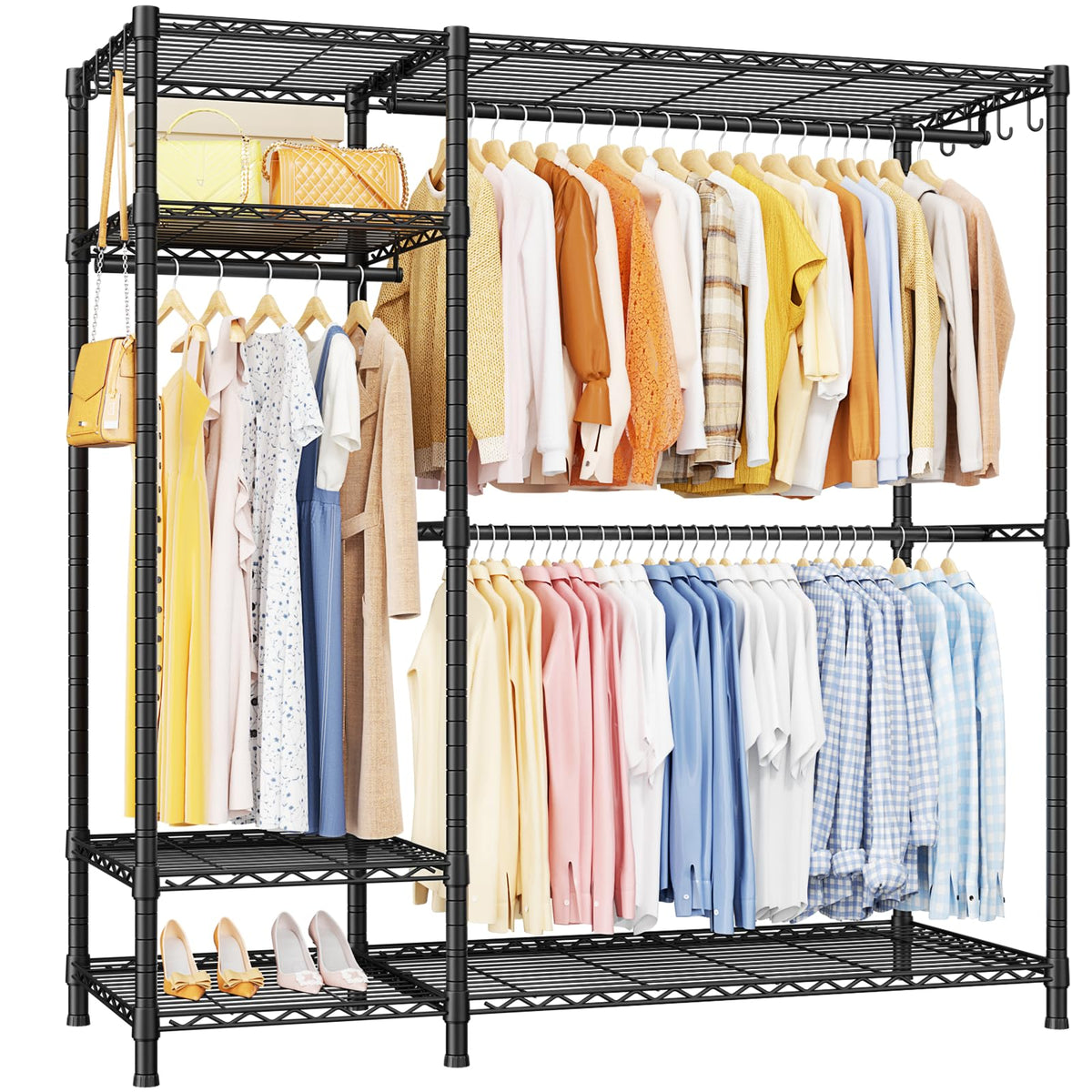 Ulif F7 garment rack front view with 6 tier storage for clutter free clothing.