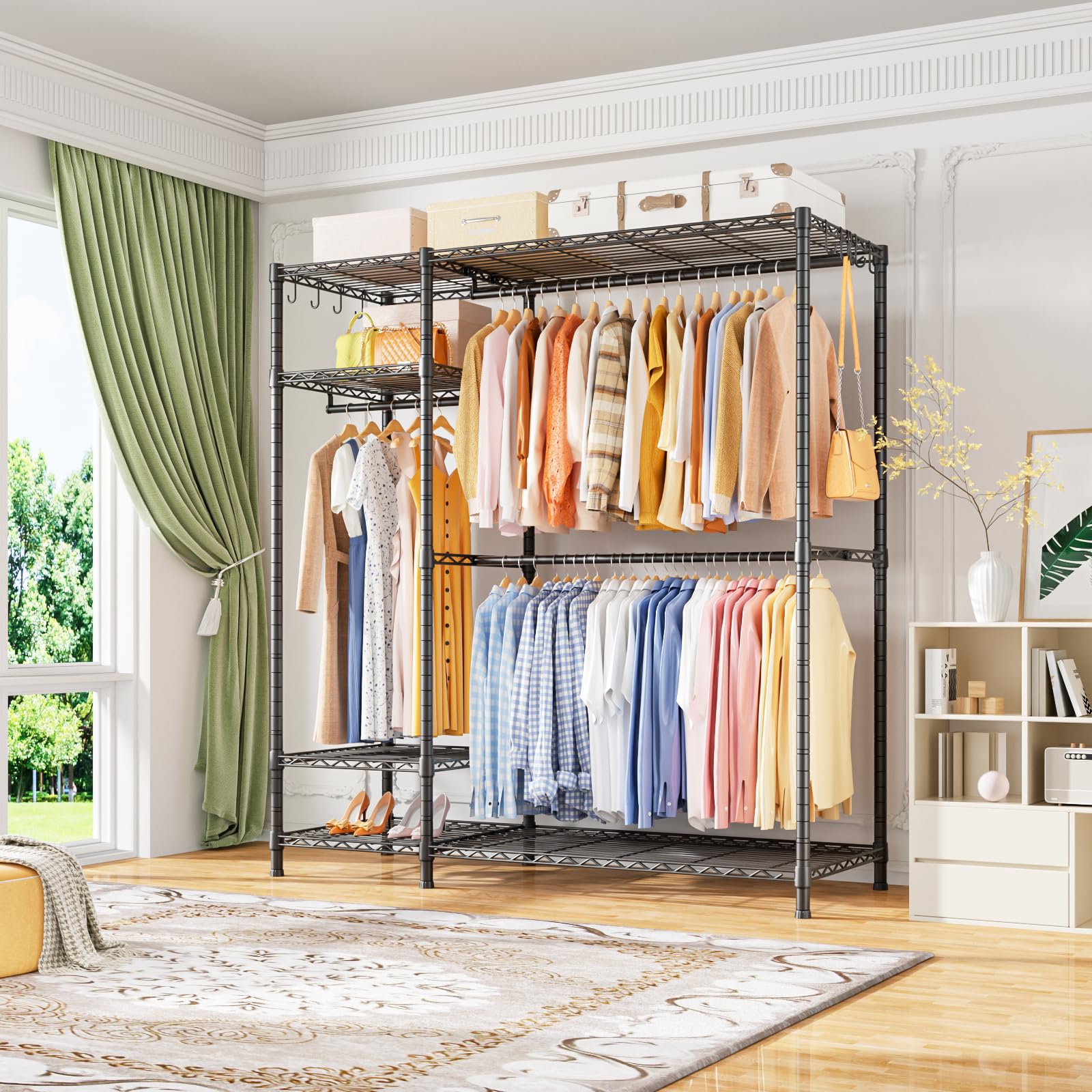 Ulif F7 garment rack top view highlights shelf configuration for items.
