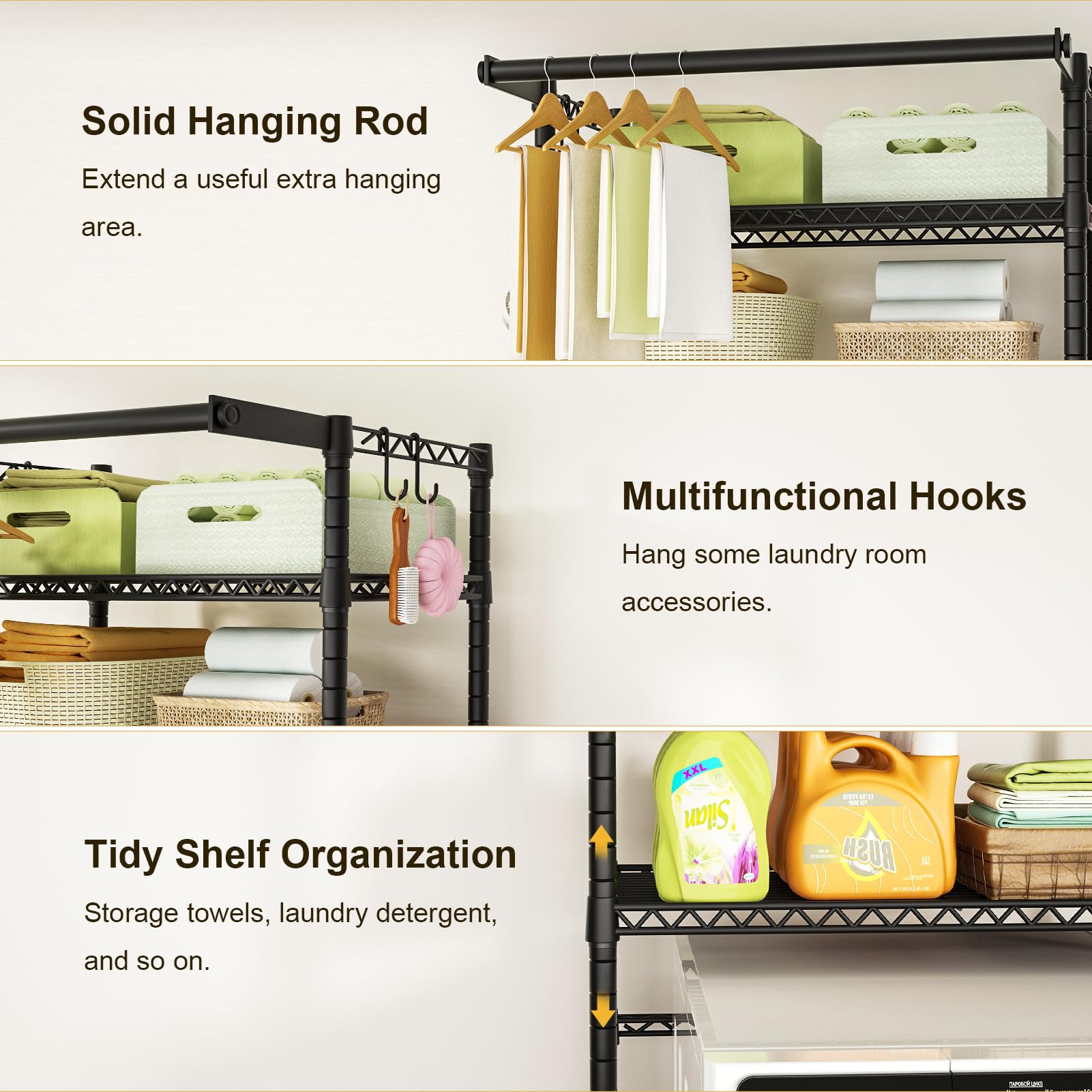 Carbon steel construction ensures stable laundry organization.