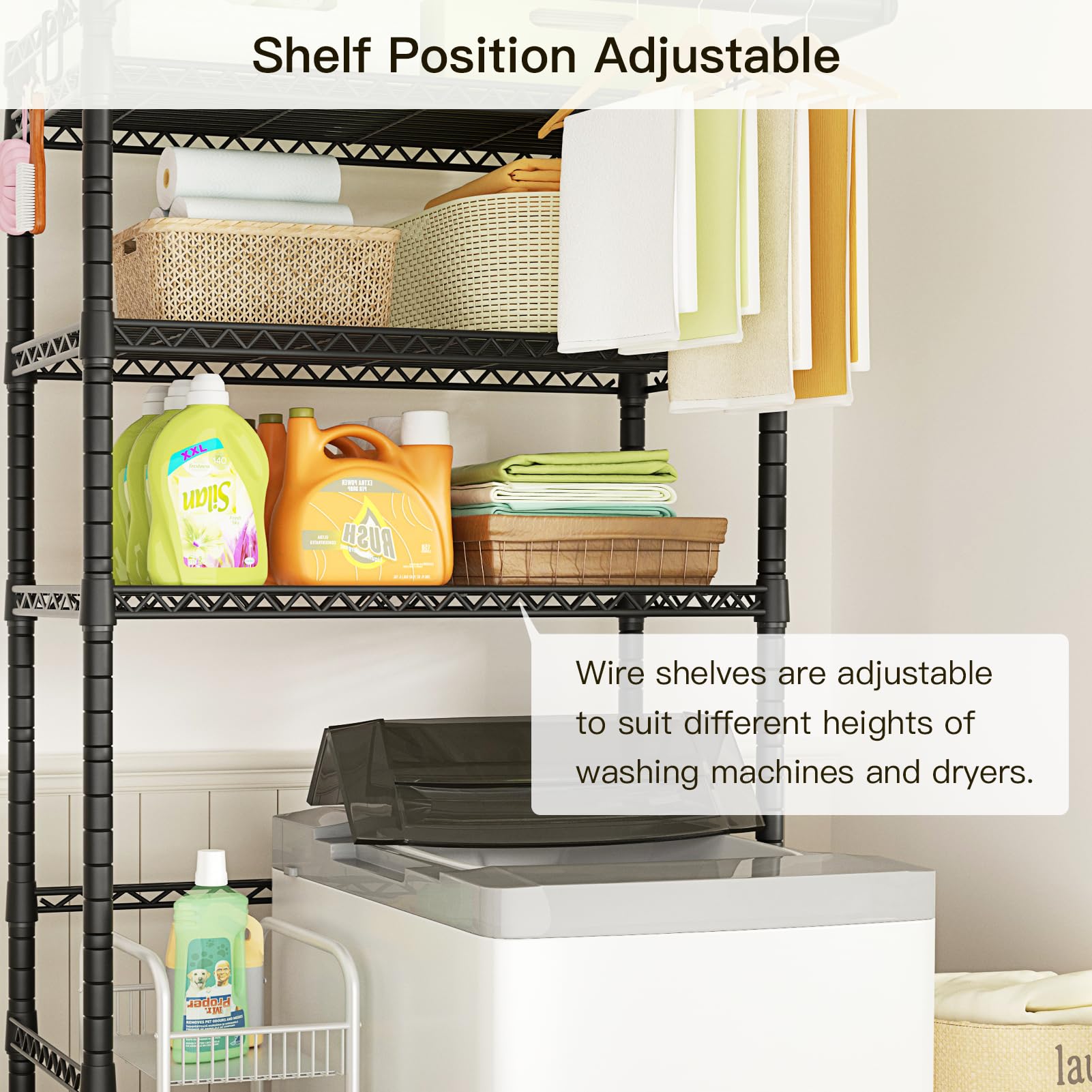 Front-access hanging rod design enables quick garment hanging.