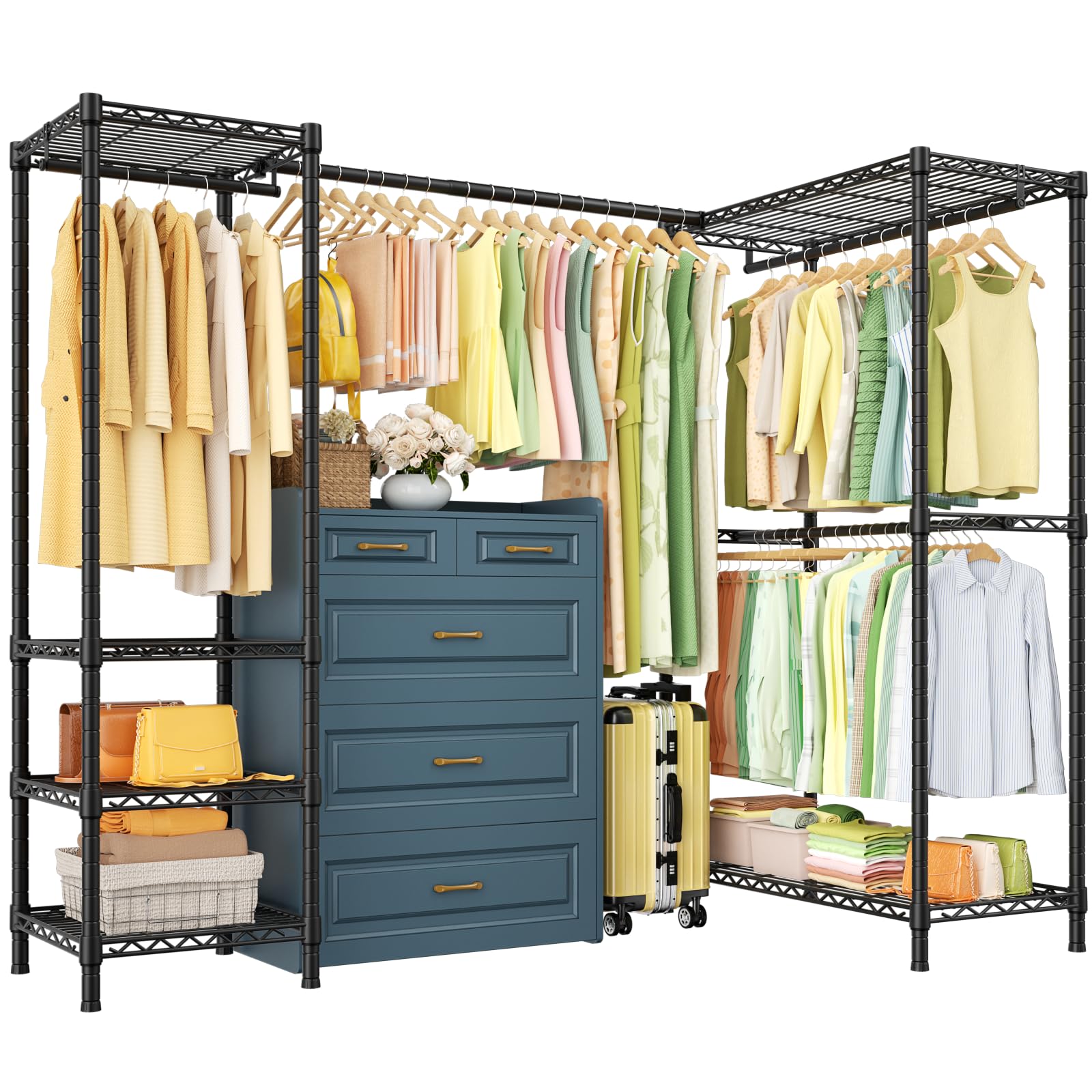 ULIFHOME E10L L-Shaped rack in full view shows expansive storage for coats and long dresses