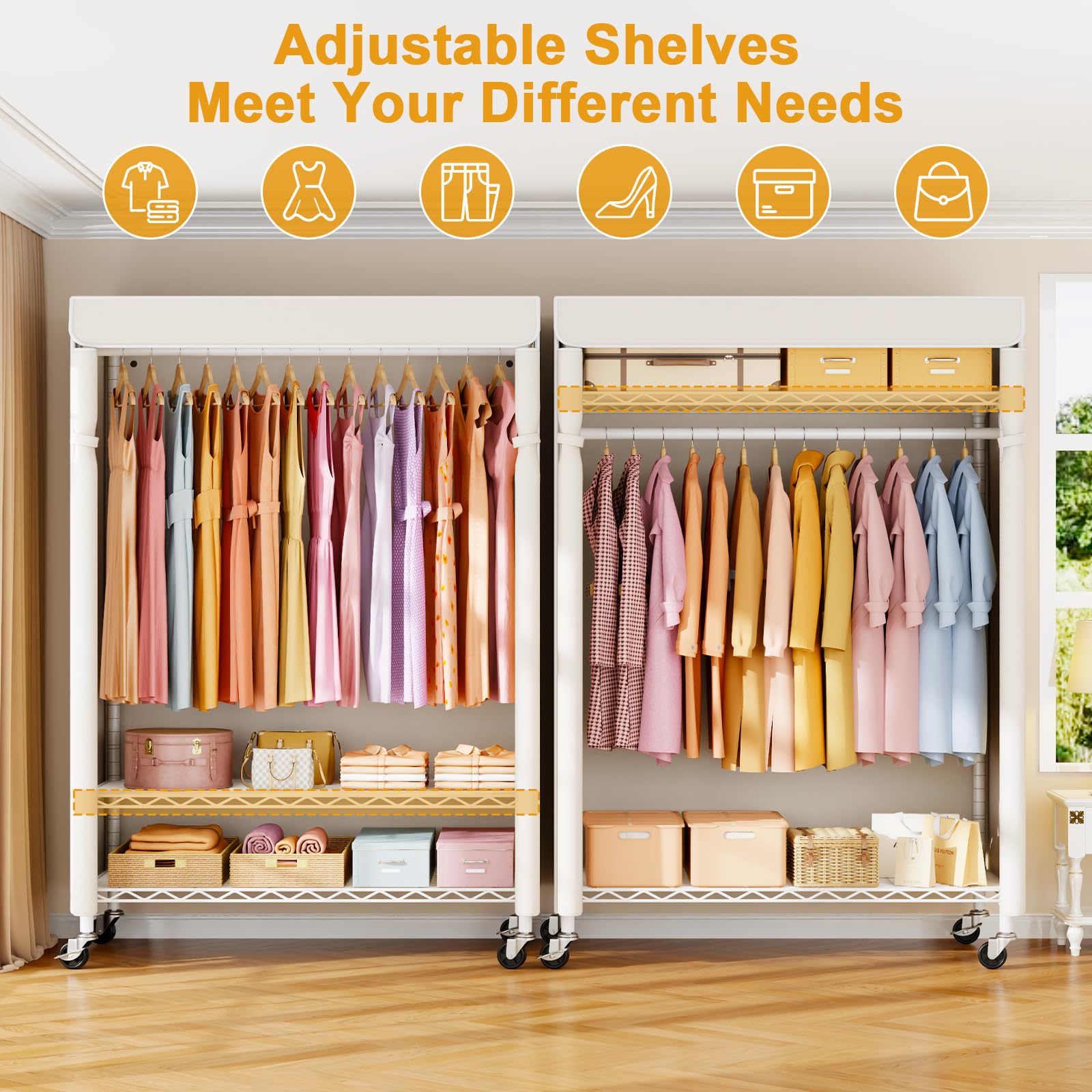 ULIFHOME P6C Plus rack shown with 360-degree wheels for easy movement across floors.