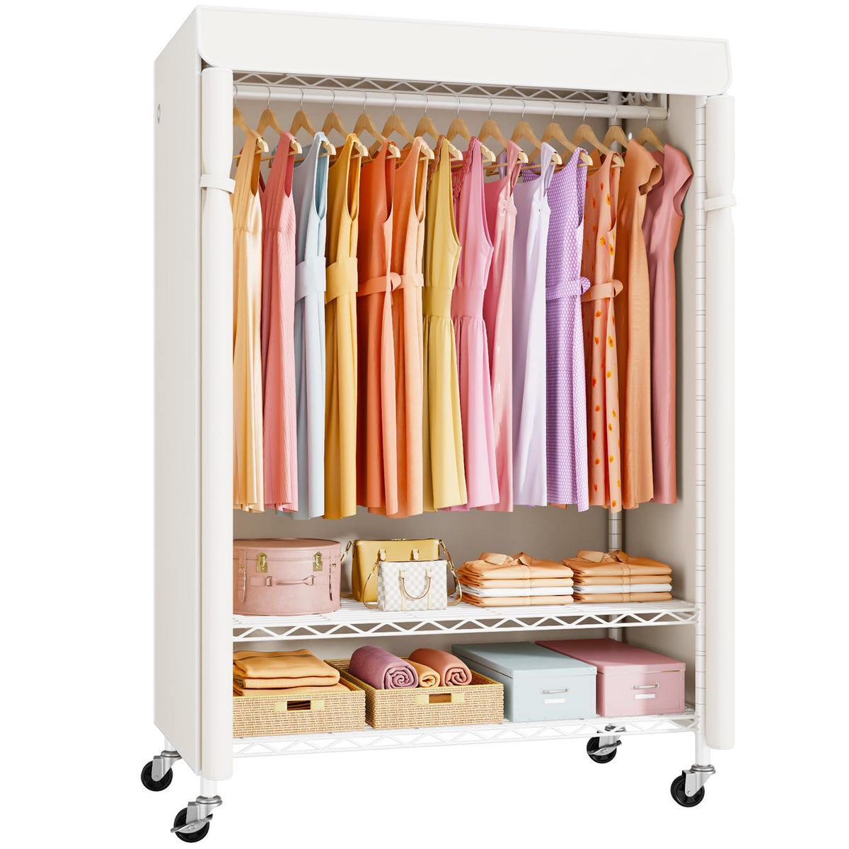 ULIFHOME P6C Plus rack with cover showcasing spacious hanging space for dresses and shirts.