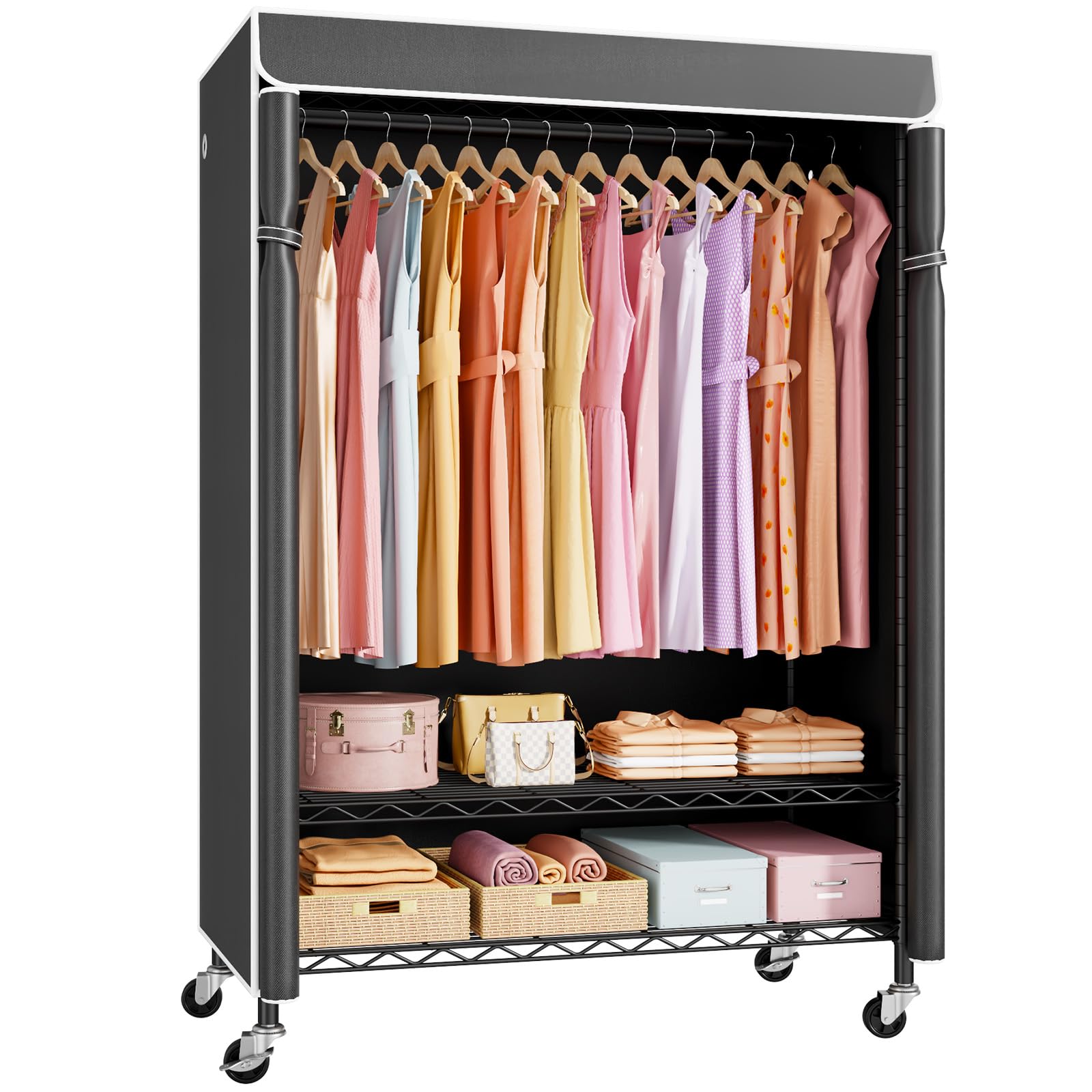 ULIFHOME P6C Plus rolling rack with cover for spacious wardrobe organization.