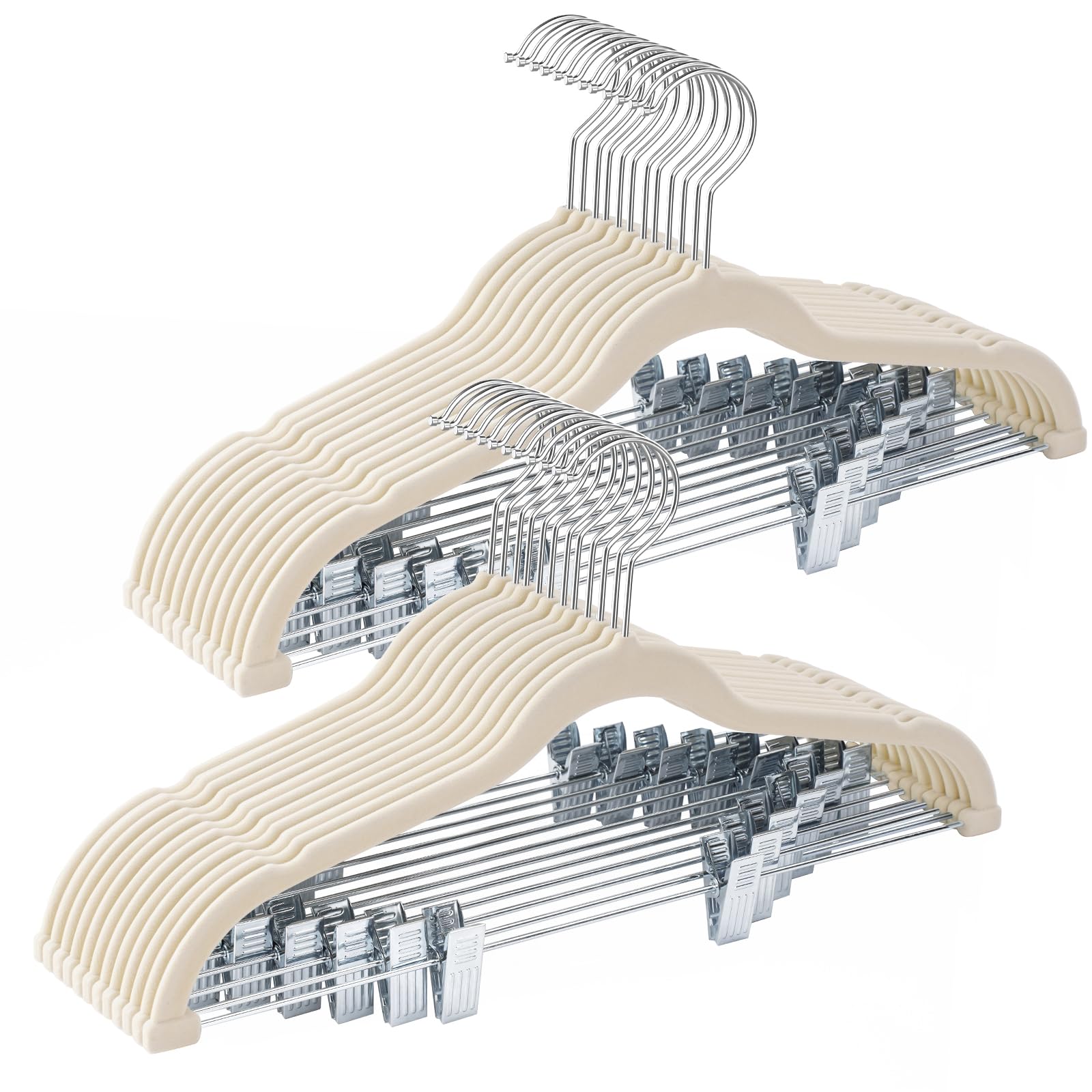 Ulimart beige velvet hangers with clips in a neat closet for non-slip organization