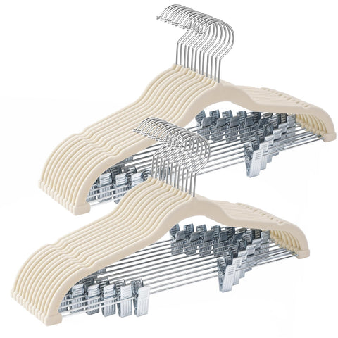 Ulimart beige velvet hangers with clips in a neat closet for non-slip organization