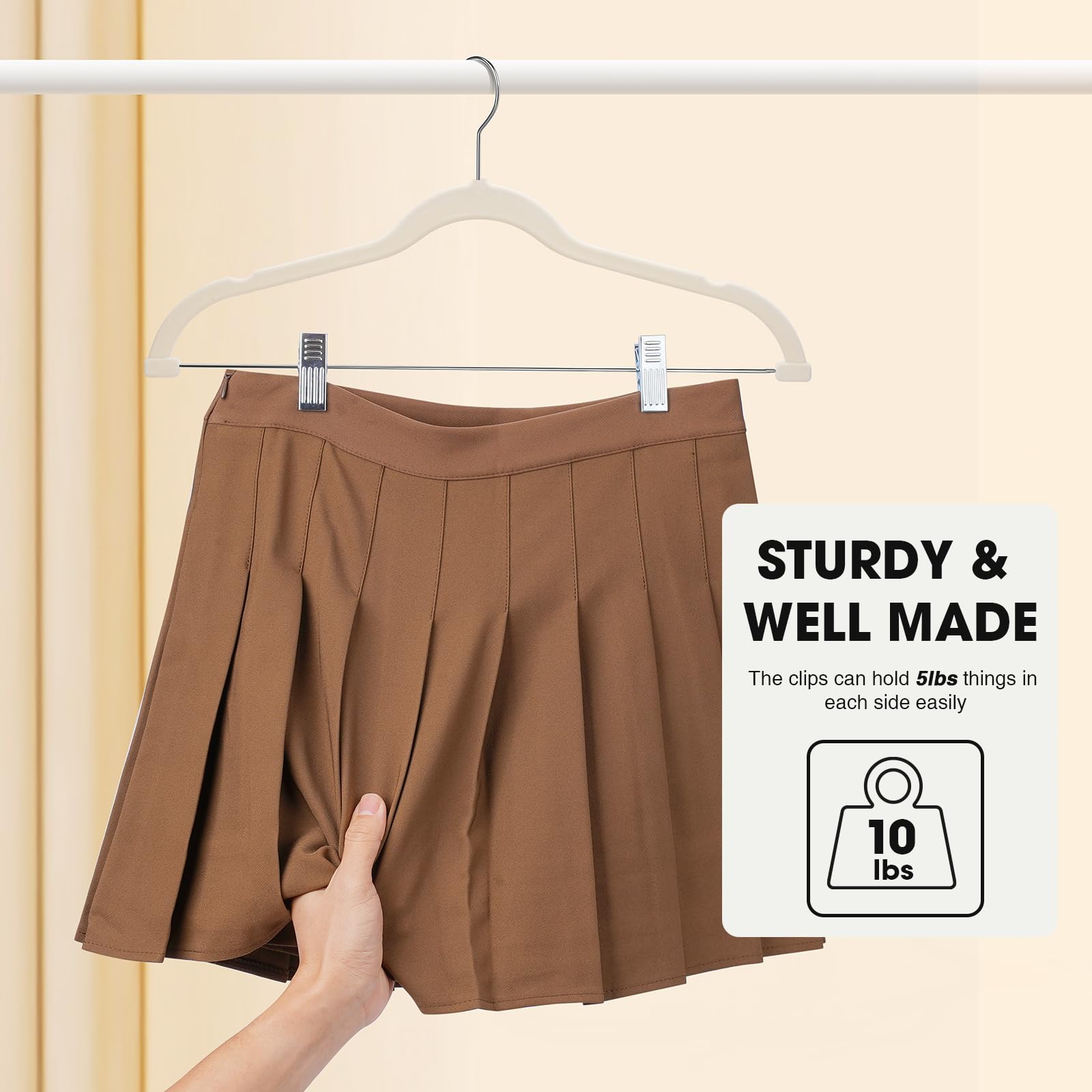 Pants and skirts organized on Ulimart hangers with clips