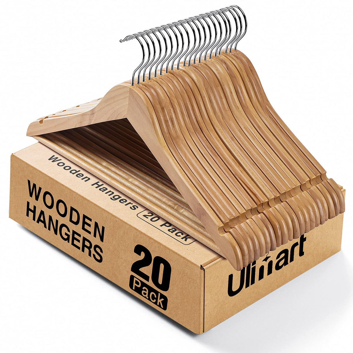 Ulimart wooden hangers 20-pack on a rack, durable storage for suits and coats