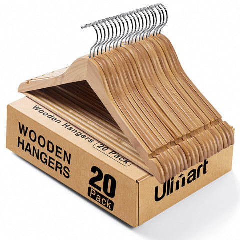 Ulimart wooden hangers 20-pack on a rack, durable storage for suits and coats