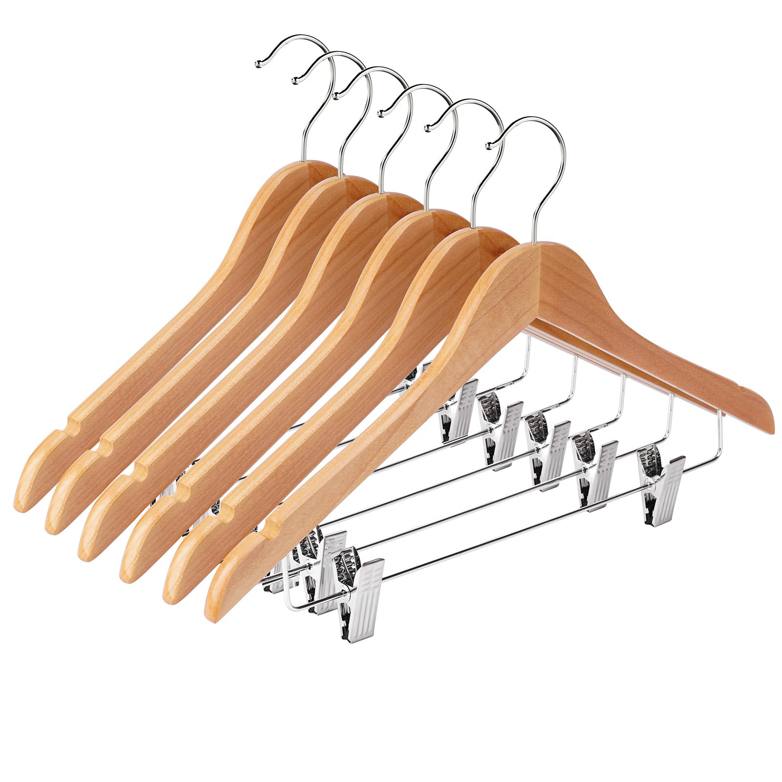 Ulimart wooden hangers with clips for pants in a 24-pack, neatly organized closet.