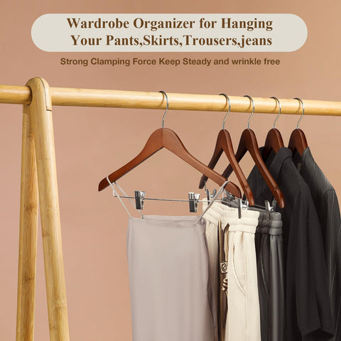 Ulimart wooden hanger with clips space-saving design in closet stock photo