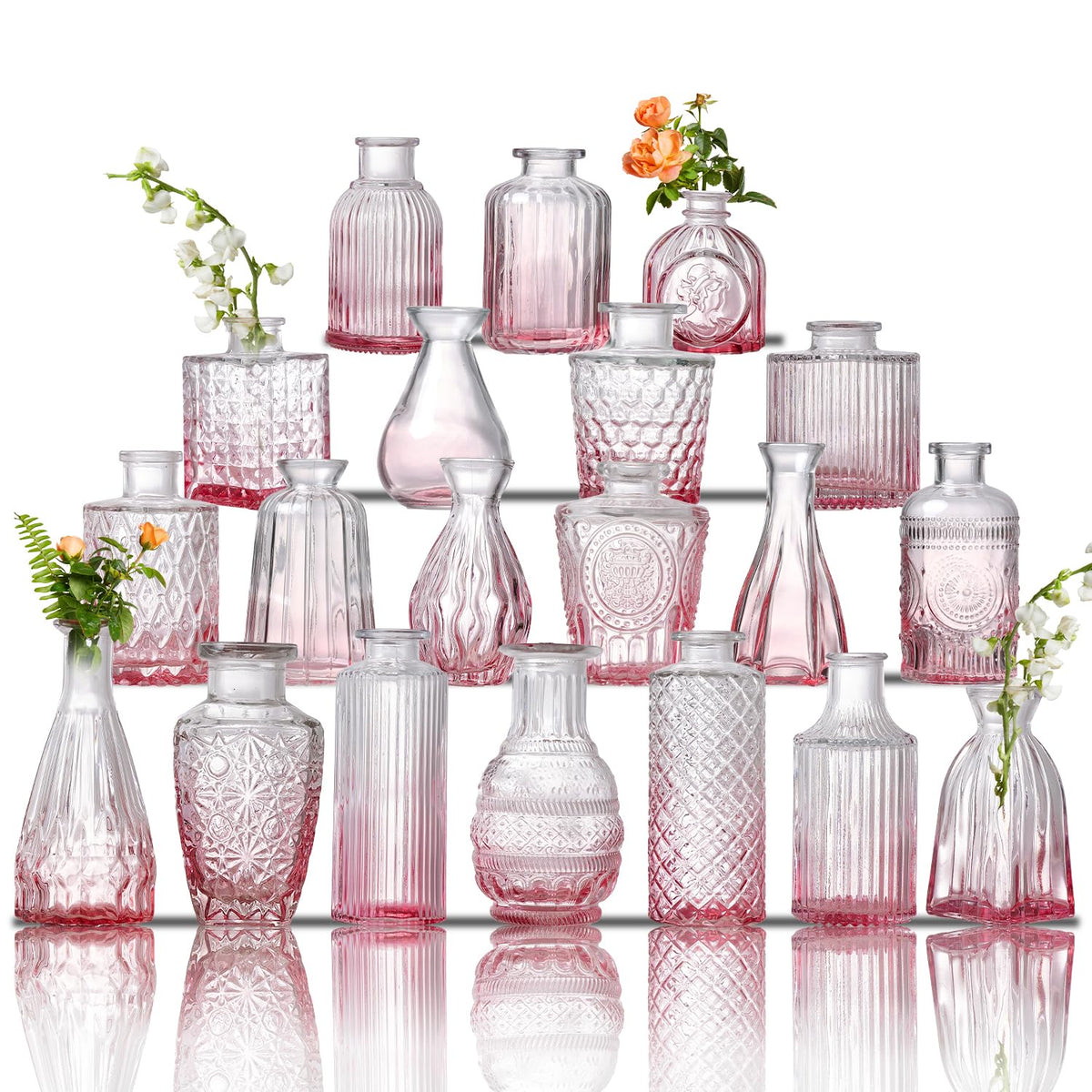 Ulodimi glass bud vase set showcases pink vintage crystal for centerpieces.