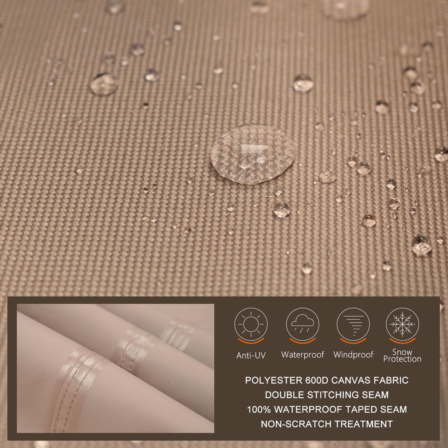 ULTCOVER 600D canvas closeup shows rugged waterproof fabric for all-season use.