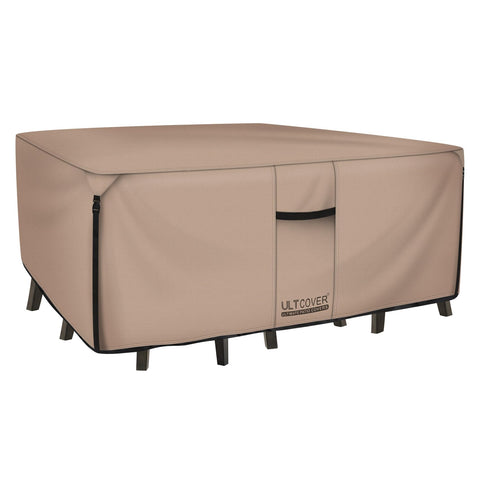 ULTCOVER rectangular patio cover on table and chairs protects outdoor furniture from rain.