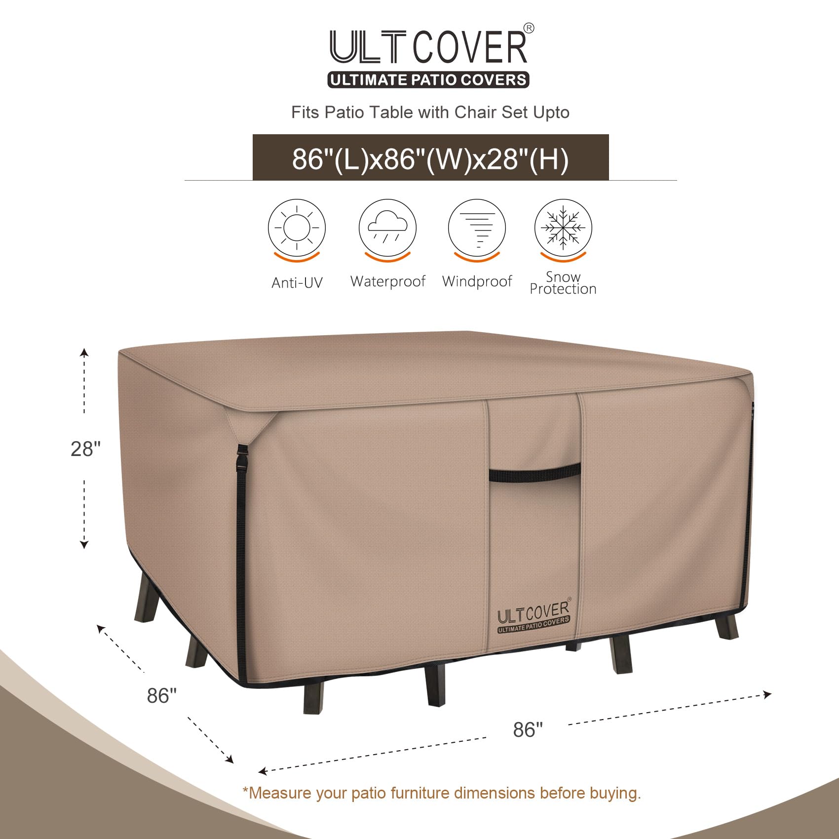 ULTCOVER square table cover 86inch side vents promote airflow and quick drying.