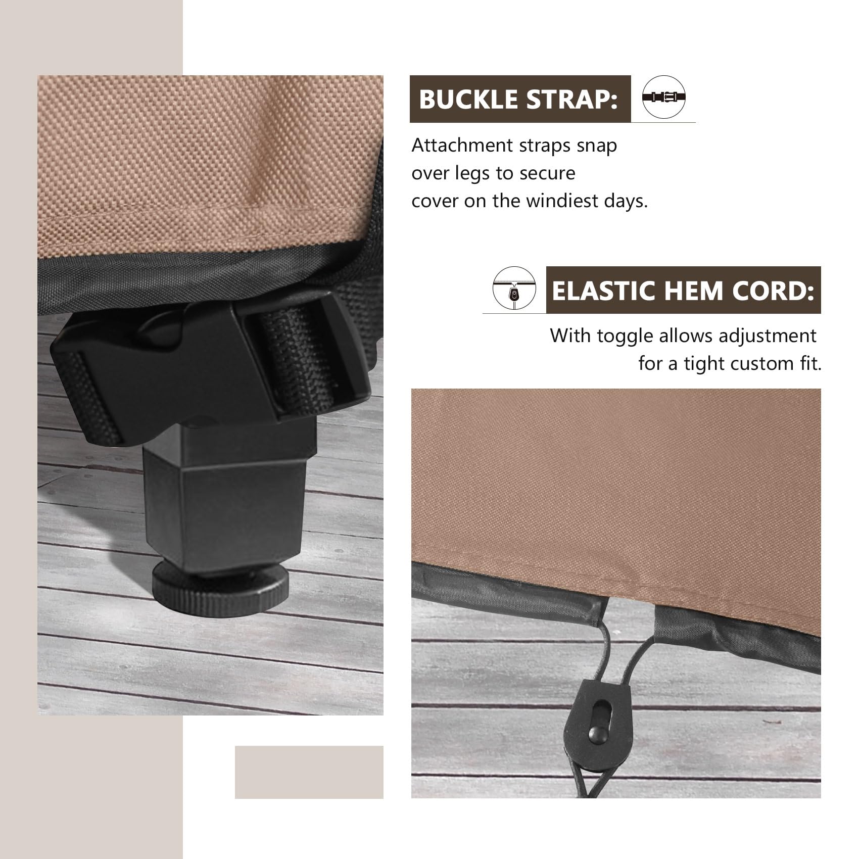 ULTCOVER square table cover with elastic drawcord and clips secures against wind.