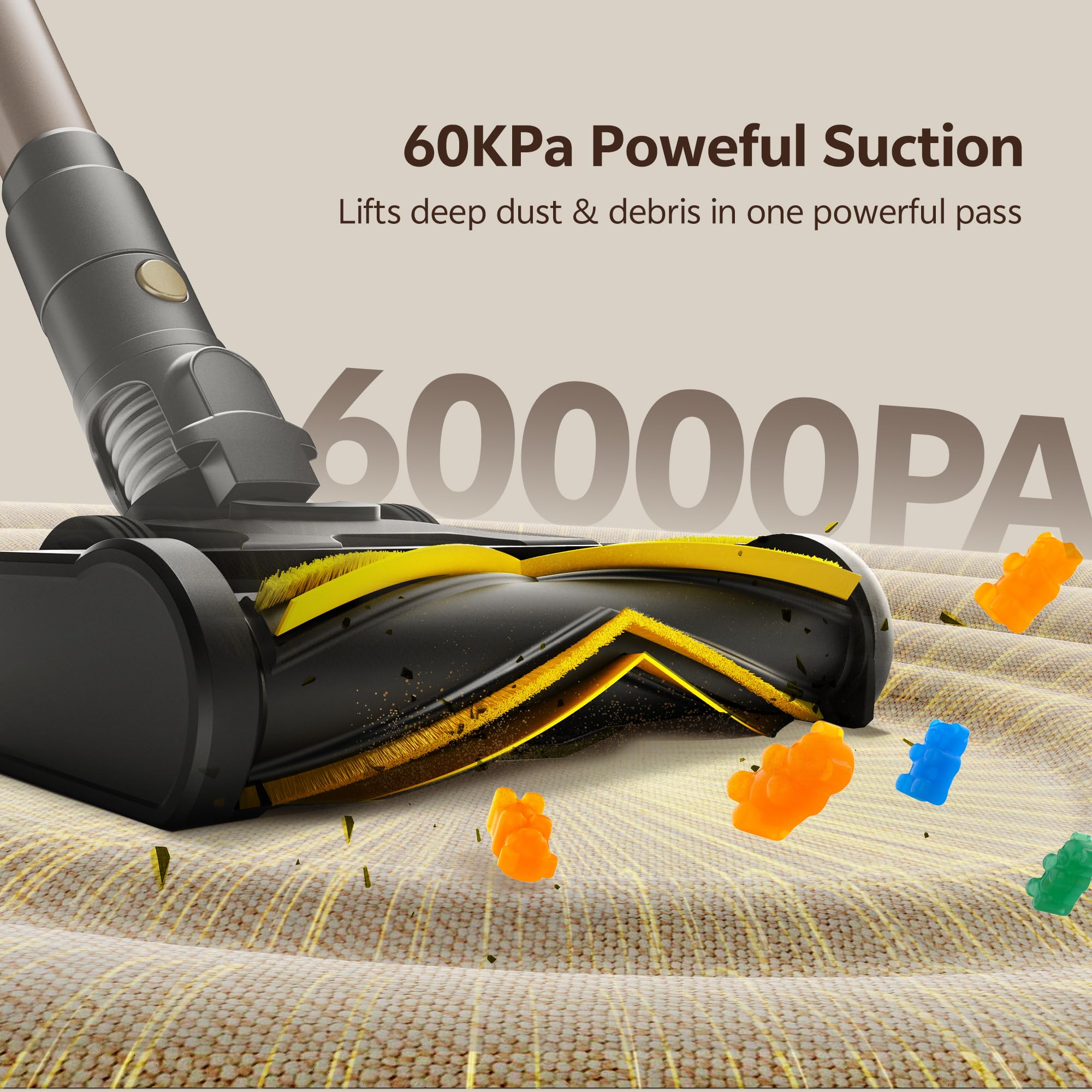 Ultenic 60KPa suction pulls embedded dirt from rugs and hard surfaces