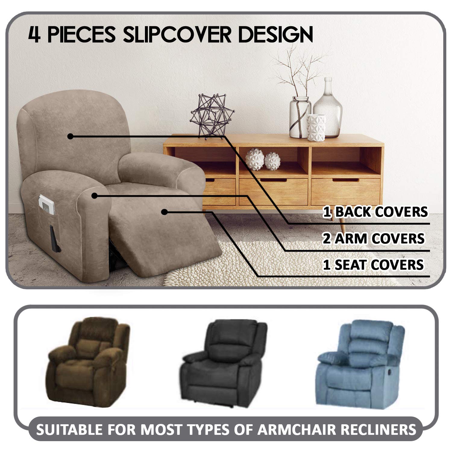 ULTICOR right arm velvet recliner cover in taupe highlighting durable protection.