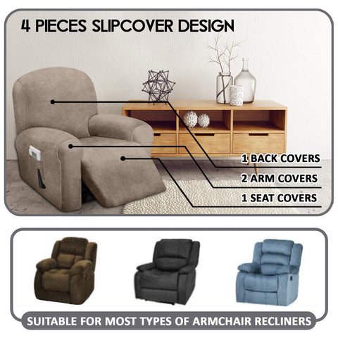 ULTICOR right arm velvet recliner cover in taupe highlighting durable protection.