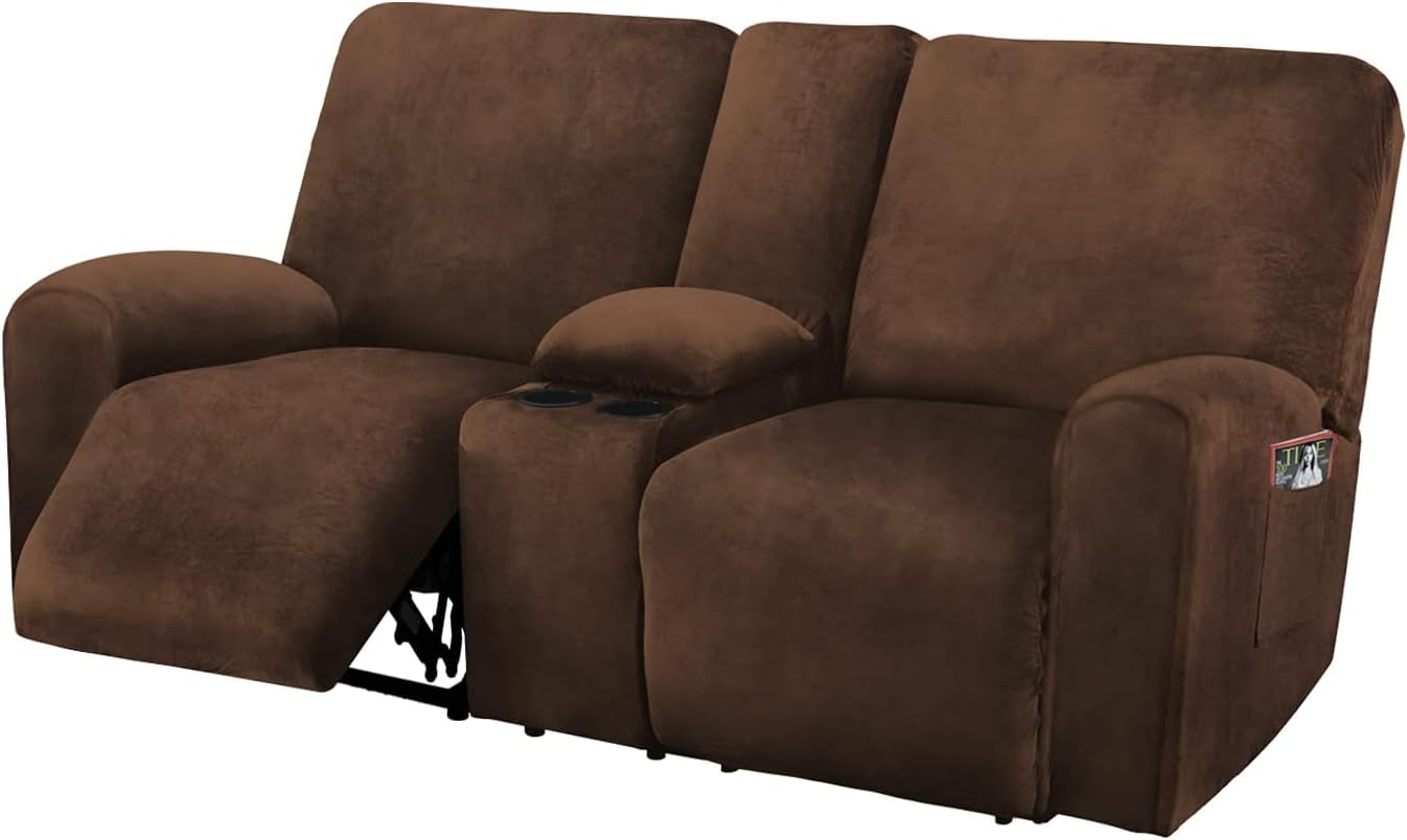 ULTICOR reclining love seat cover with middle console in chocolate protects from spills and wear.