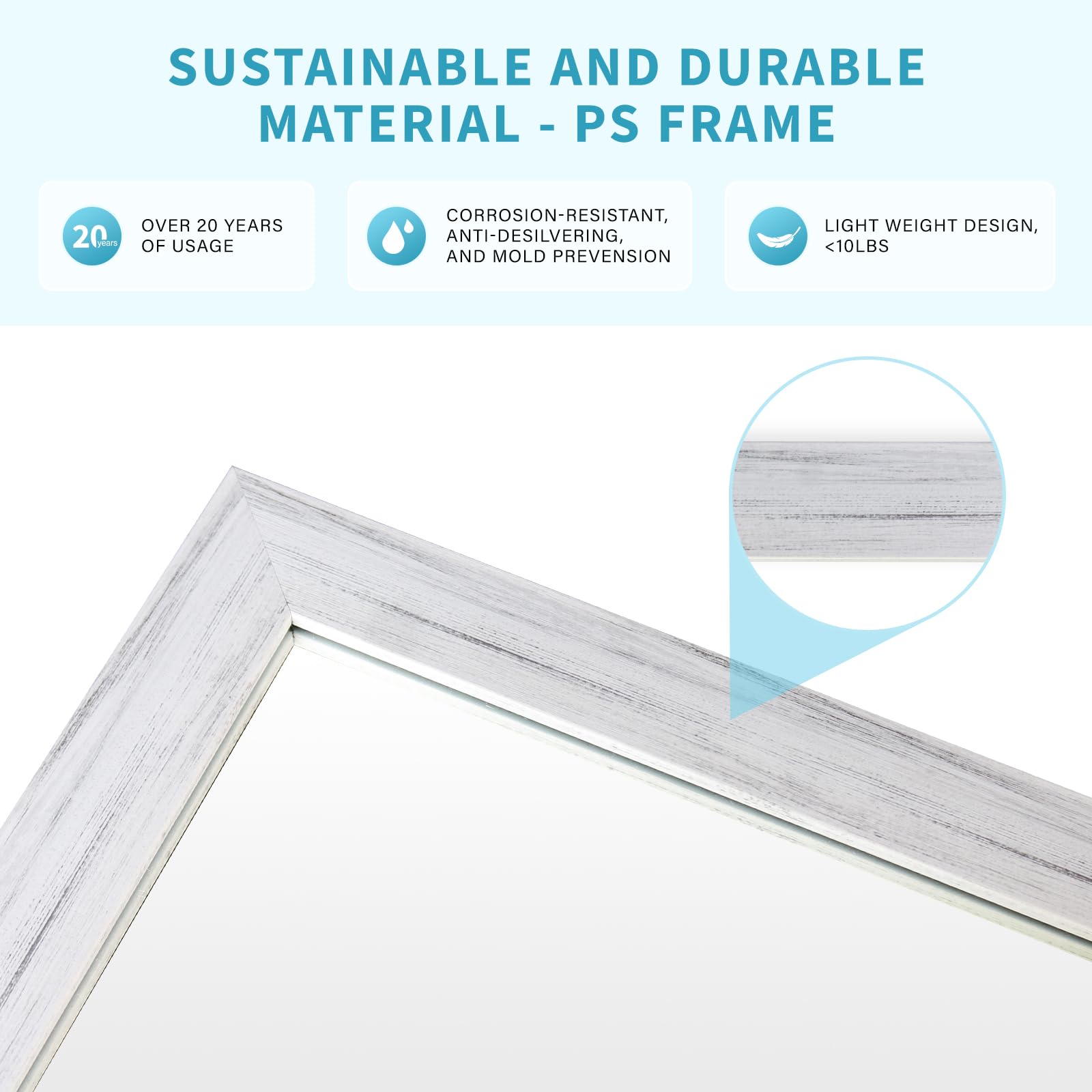 Ultrue 22x30 rectangle mirror close-up highlights distortion-free tempered glass.