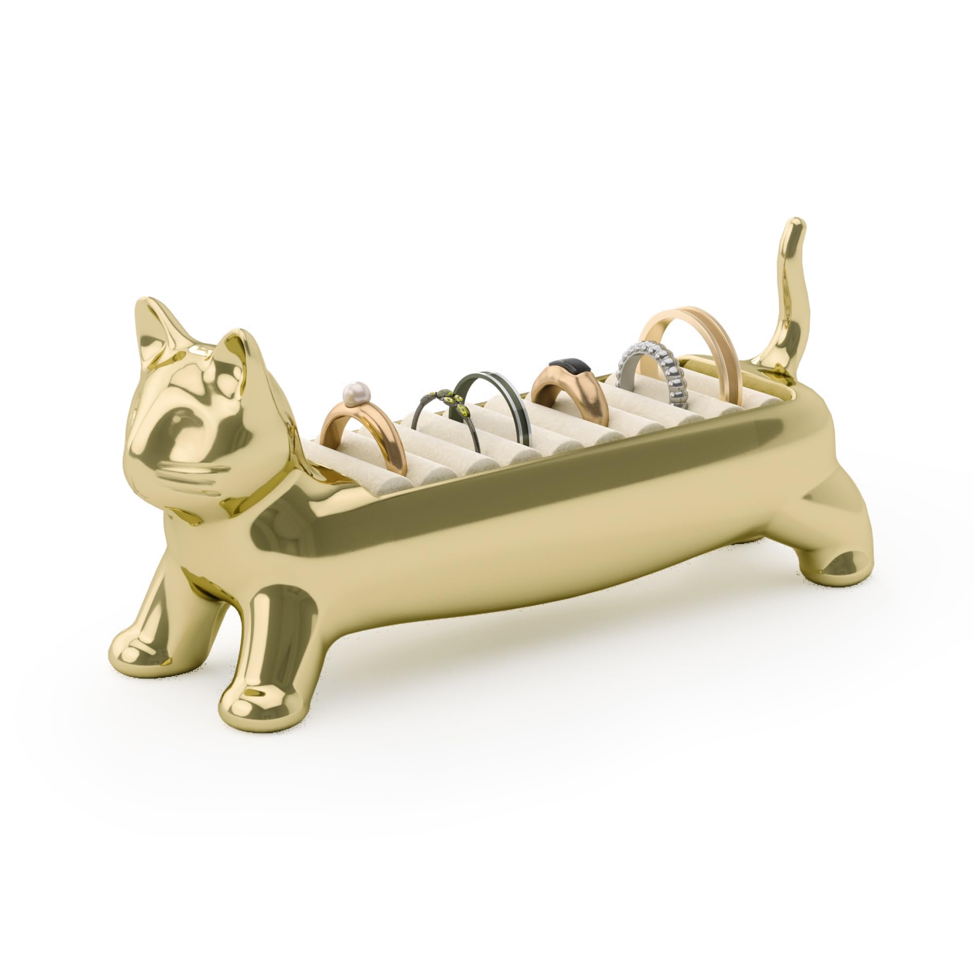 Umbra Ali Cat ring holder on dresser with velvet base for safe ring storage.