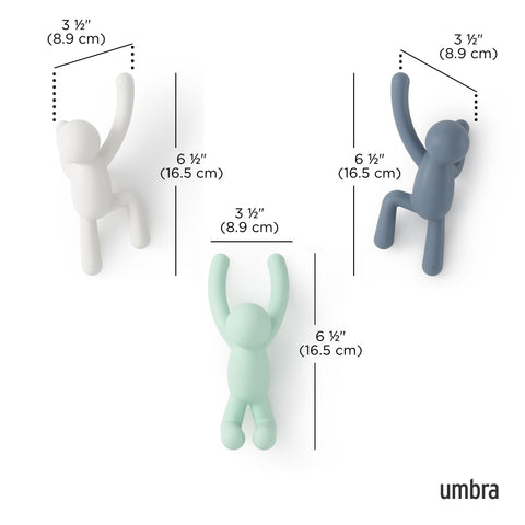 Durable molded plastic Buddy hooks with detailed arm design for hanging items.
