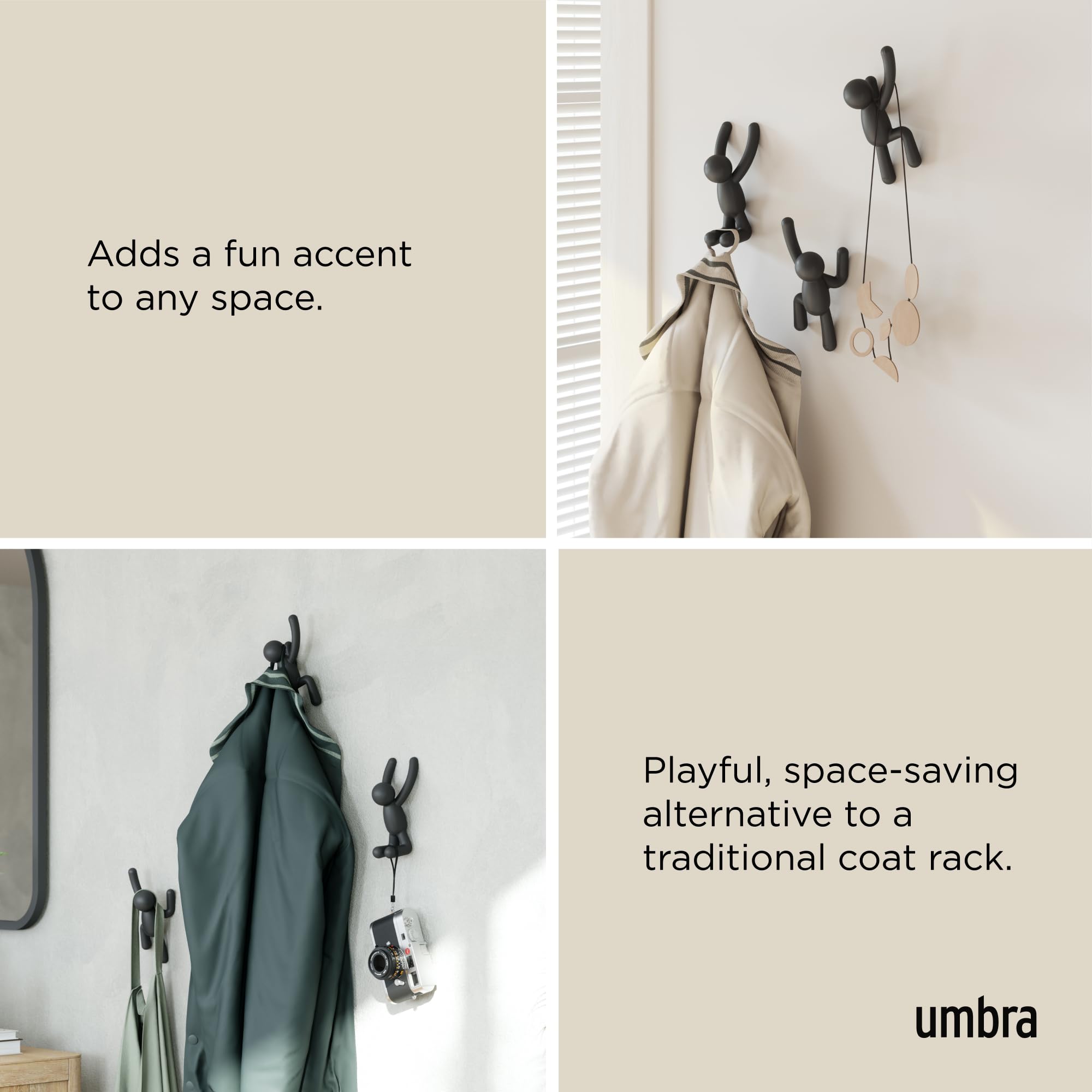 Umbra Buddy Wall Hooks support up to 5 lbs per hook for accessories