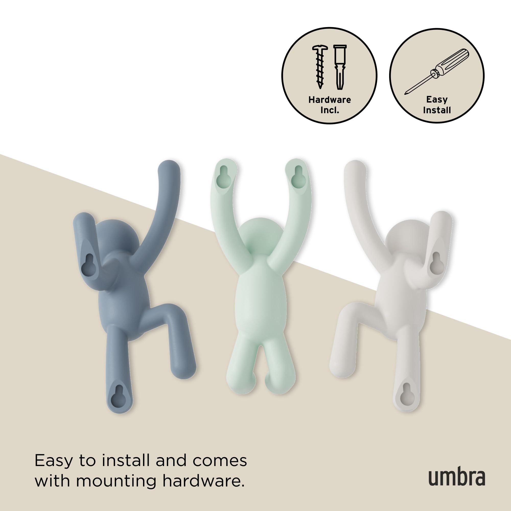 Three color options of Umbra Buddy hooks suited for modern decor.