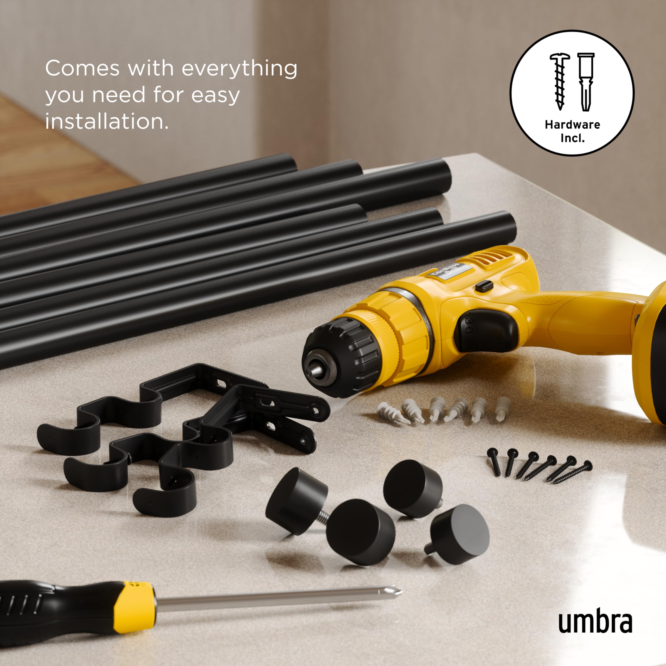 Umbra Cappa adjustable length fits 66 to 120 inches.