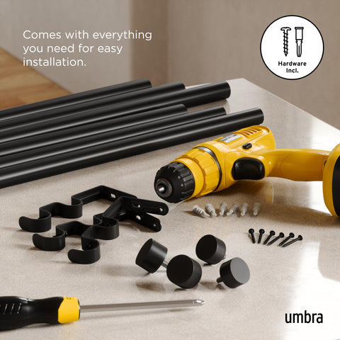Umbra Cappa adjustable length fits 66 to 120 inches.