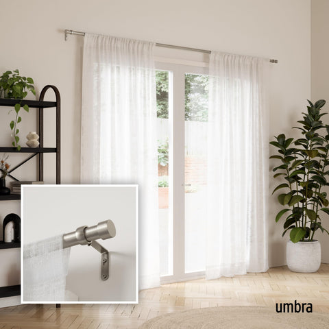 Umbra Cappa curtain rod finials close-up, adds stylish finishing touch.