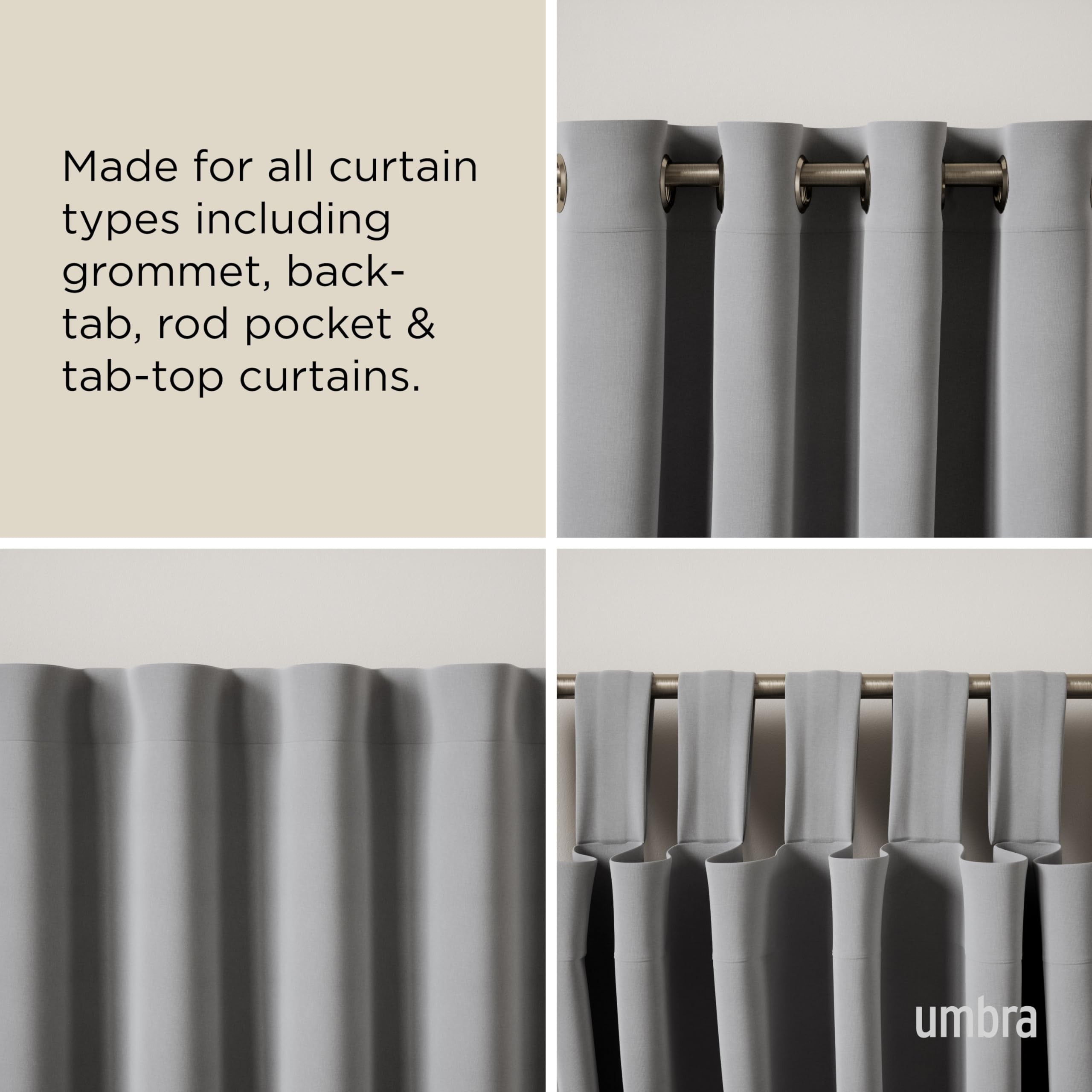 Umbra Cappa demonstrates compatibility with multiple curtain styles.