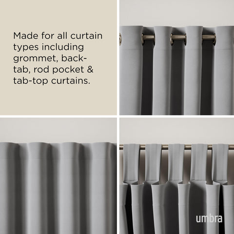 Umbra Cappa demonstrates compatibility with multiple curtain styles.