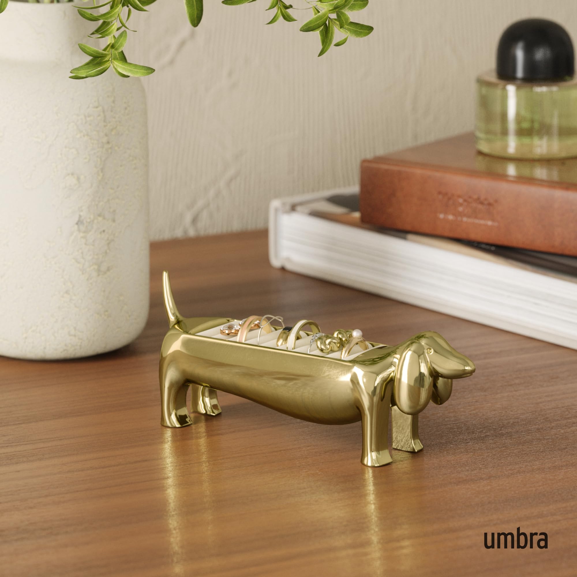 Umbra Dachsie Ring Holder brass finish is hand-polished for unique shine