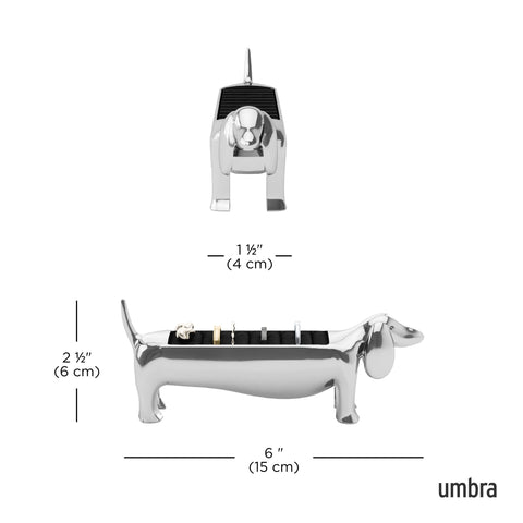 Umbra Dachsie Ring Holder dachshund-shaped design adds playful character to spaces.
