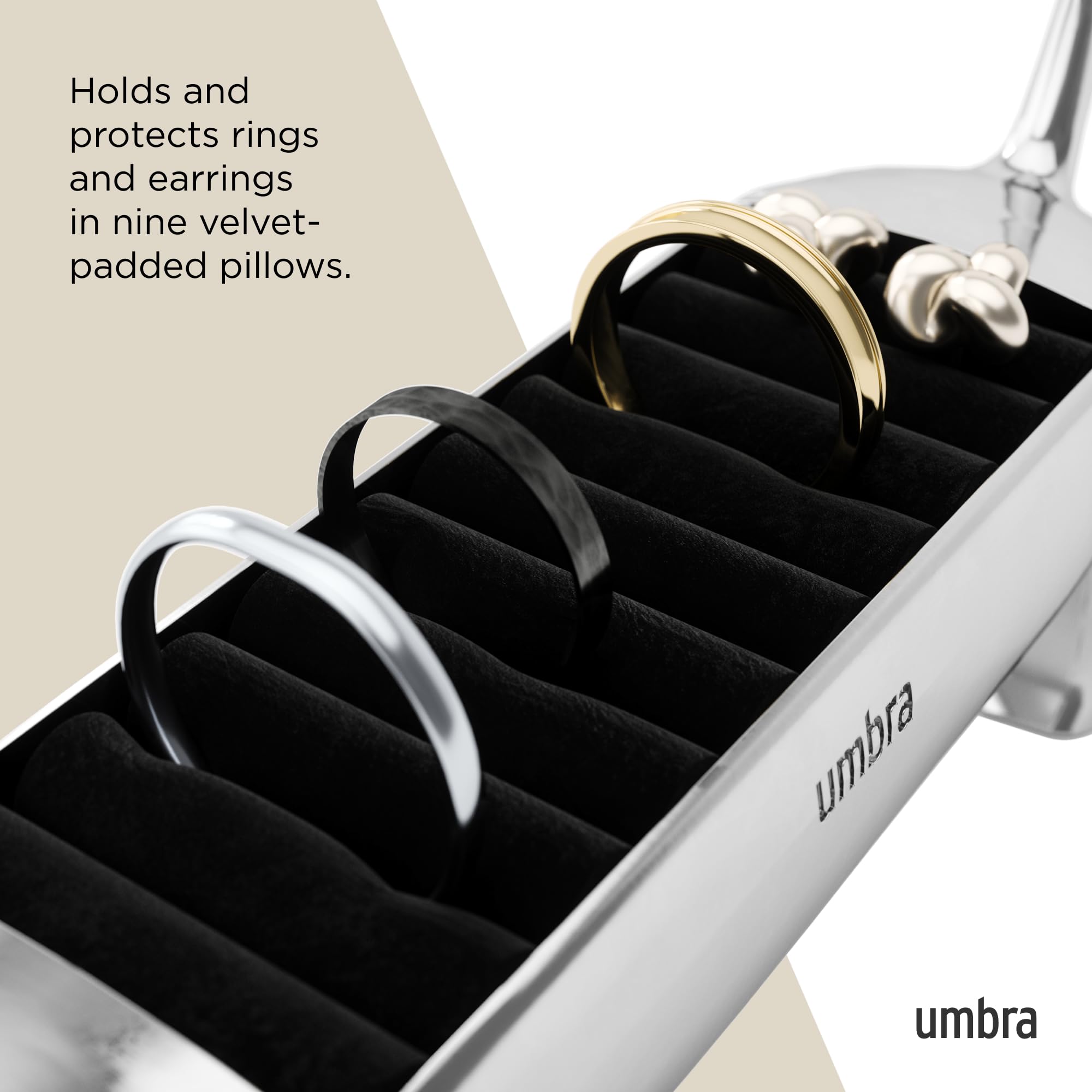 Umbra Dachsie Ring Holder on dresser complements decor with a compact footprint.