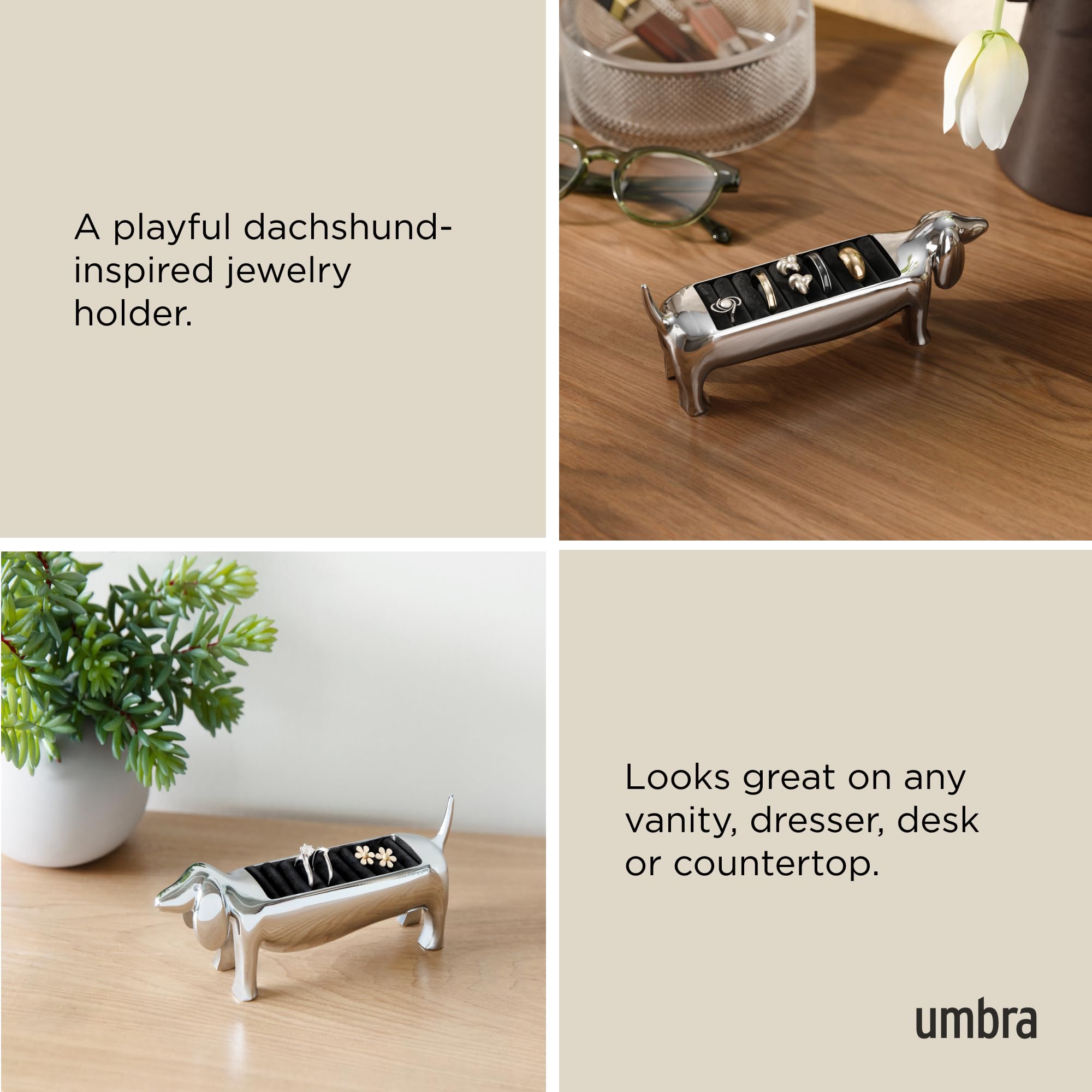 Umbra Dachsie Ring Holder on nightstand keeps rings within easy reach.