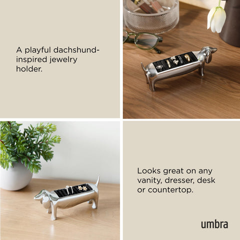Umbra Dachsie Ring Holder on nightstand keeps rings within easy reach.