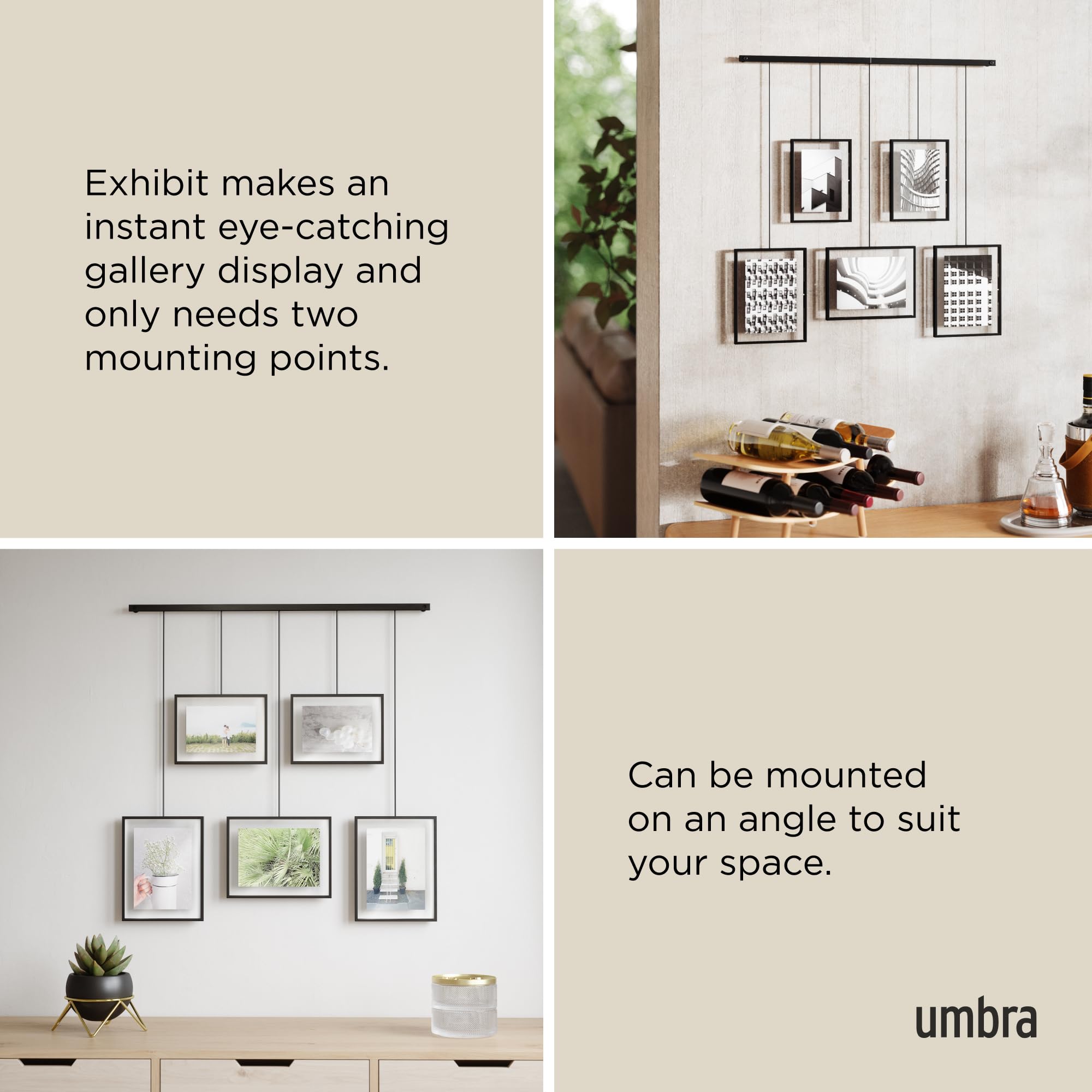 Umbra Exhibit hanging rods enabling easy rearrangement and minimal wall damage