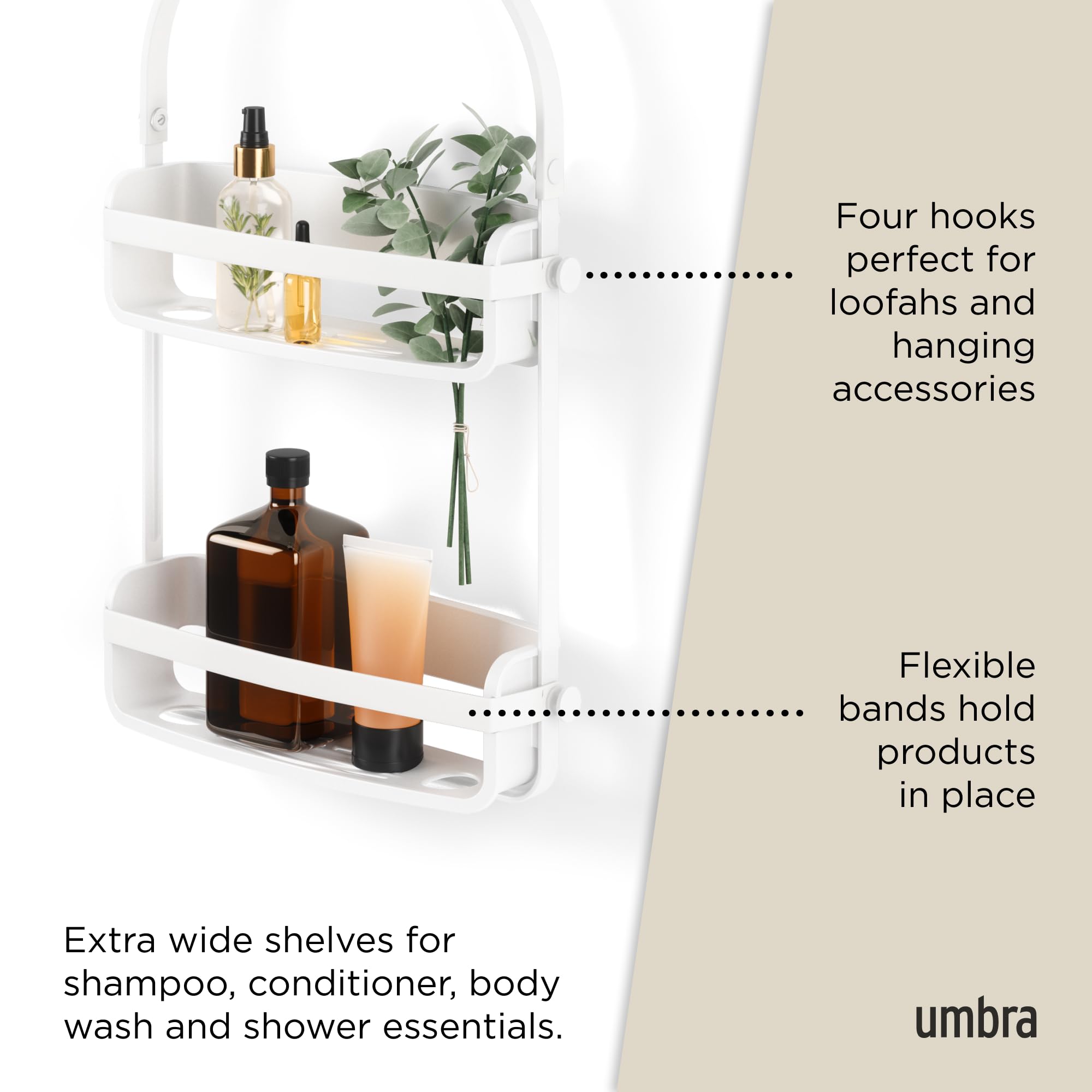 Umbra Flex four hooks organize loofahs, razors, and accessories.