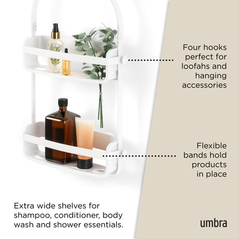 Umbra Flex four hooks organize loofahs, razors, and accessories.