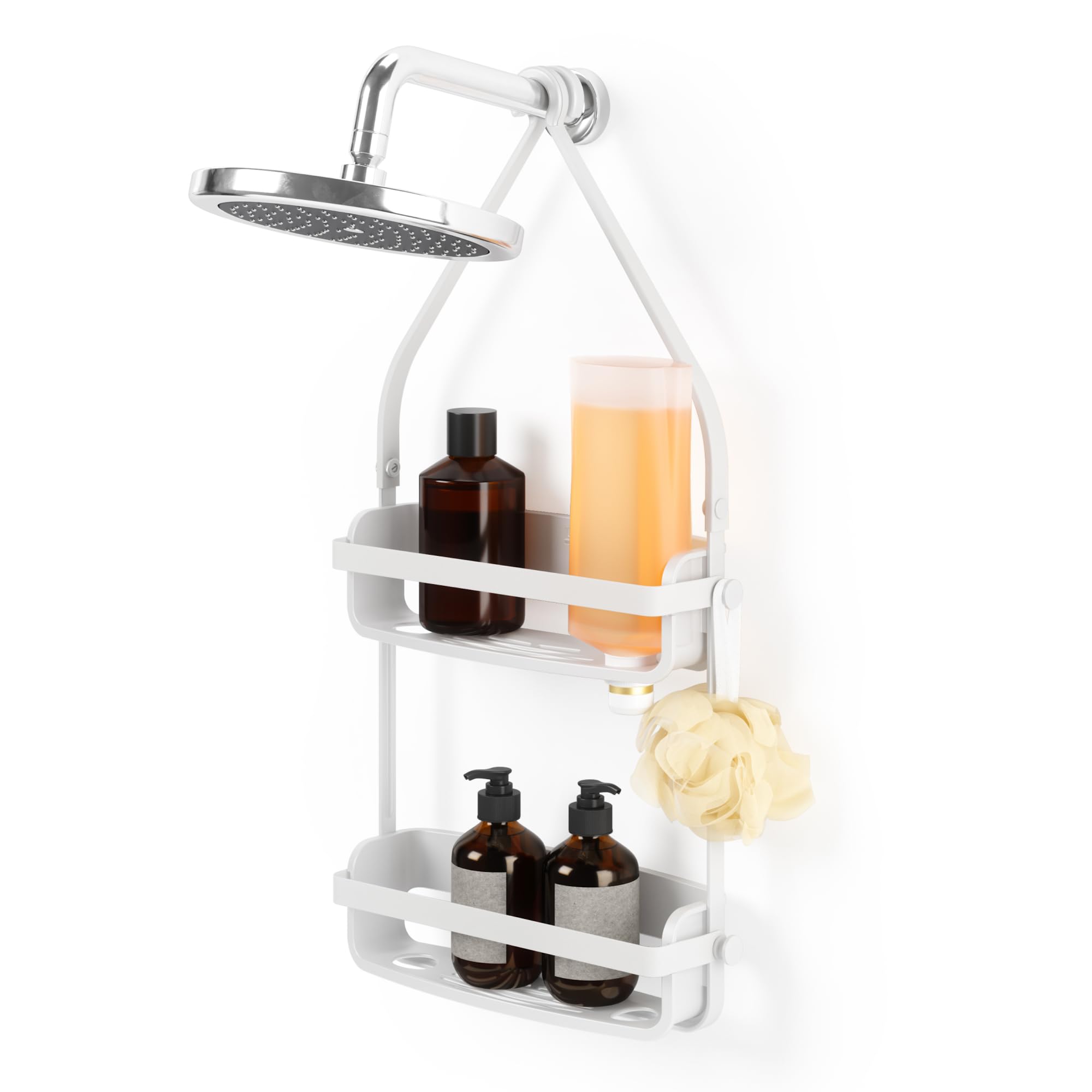 Umbra Flex hanging shower caddy shelves show two wide shelves for large bottles and organization.