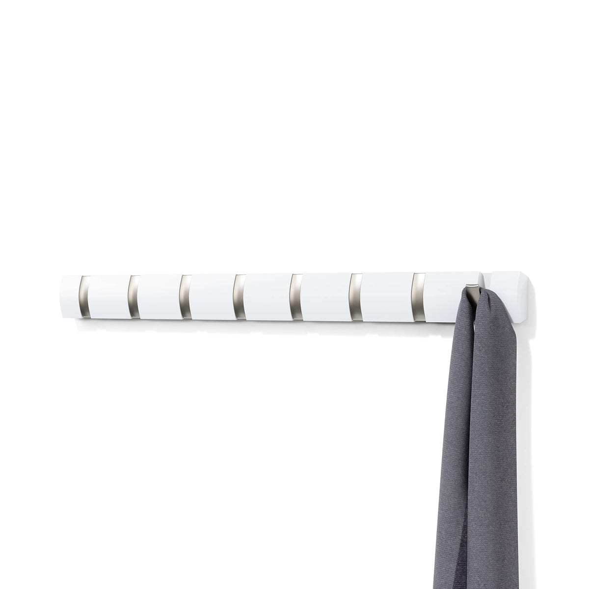 Umbra Flip 8-hook wall-mount coat rack in white-nickel for space-saving entryways.