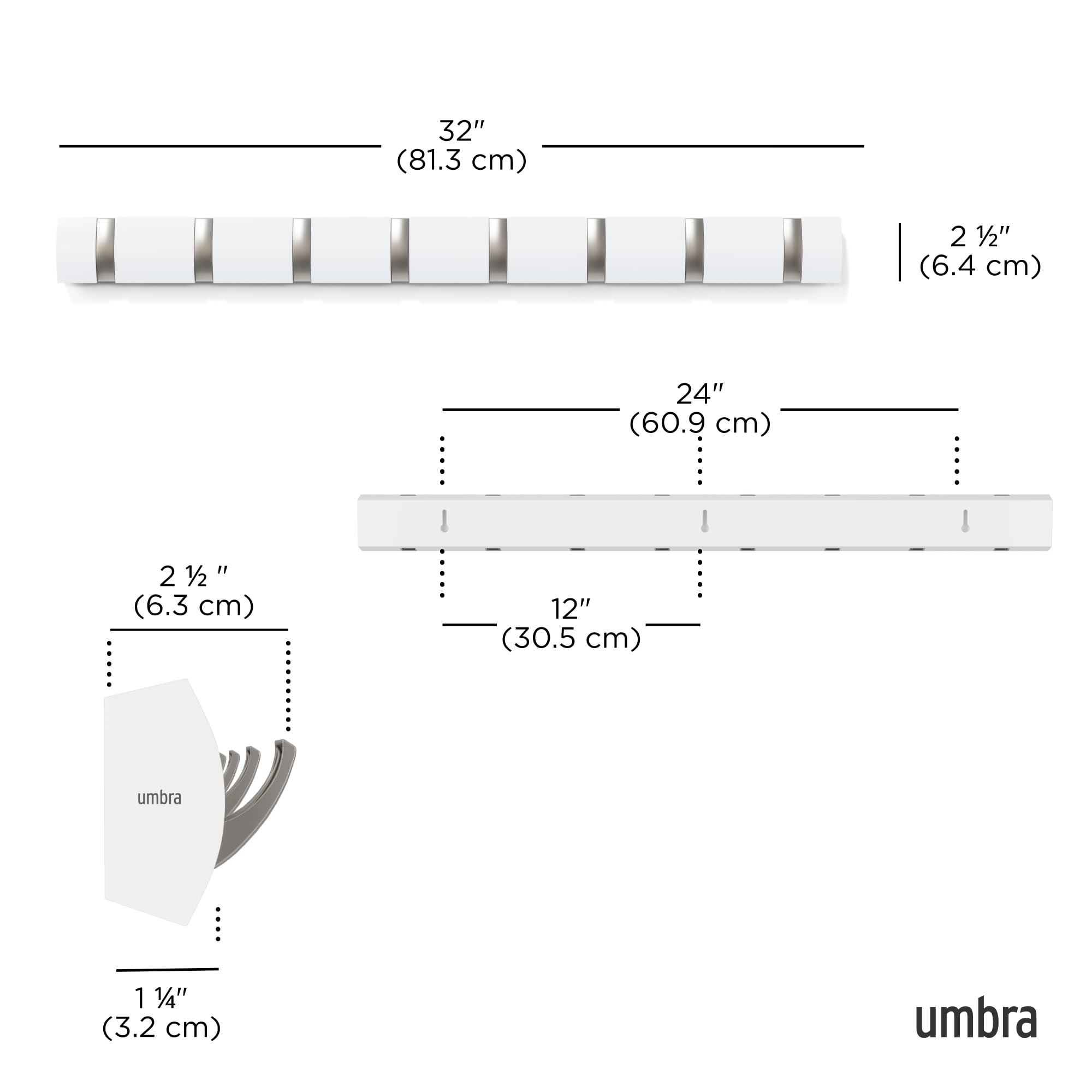Umbra Flip hooks retracted for a slim, clutter-free wall look.
