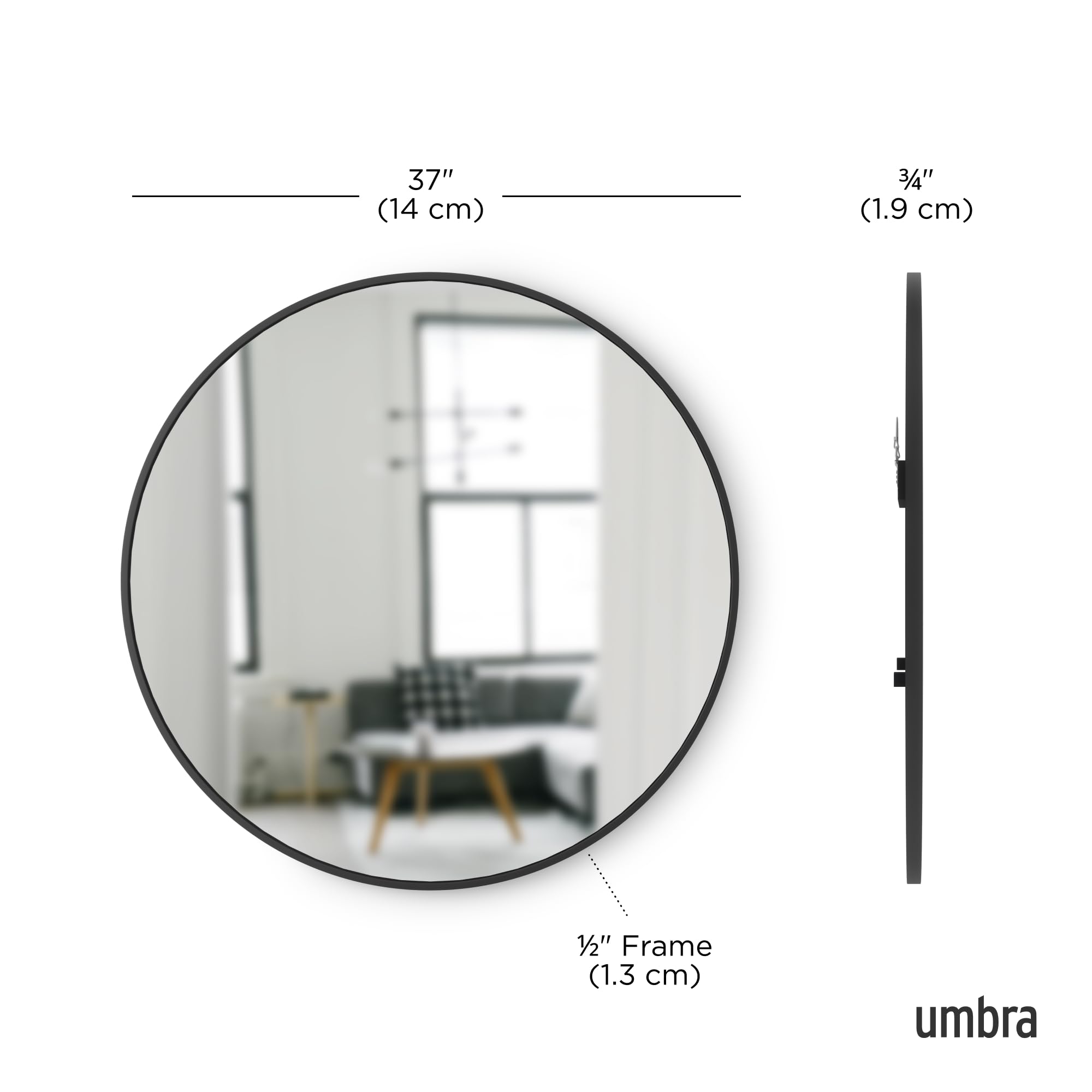 Umbra Hub round mirror reflects light to brighten small spaces in black