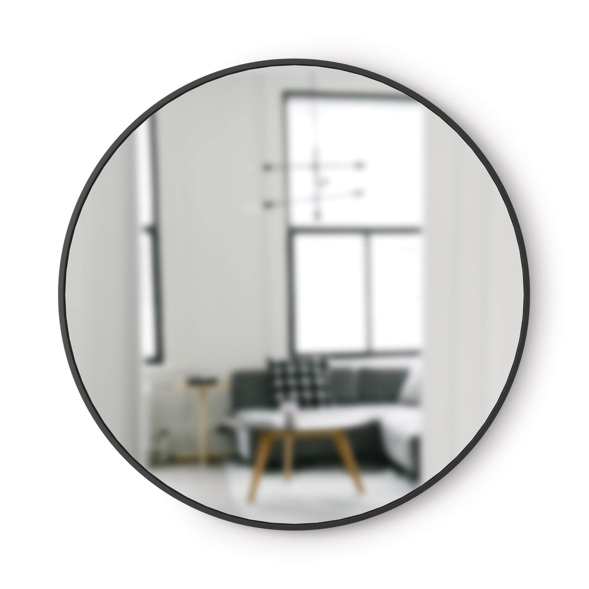 Umbra Hub round mirror with rubber frame in black adds light and style