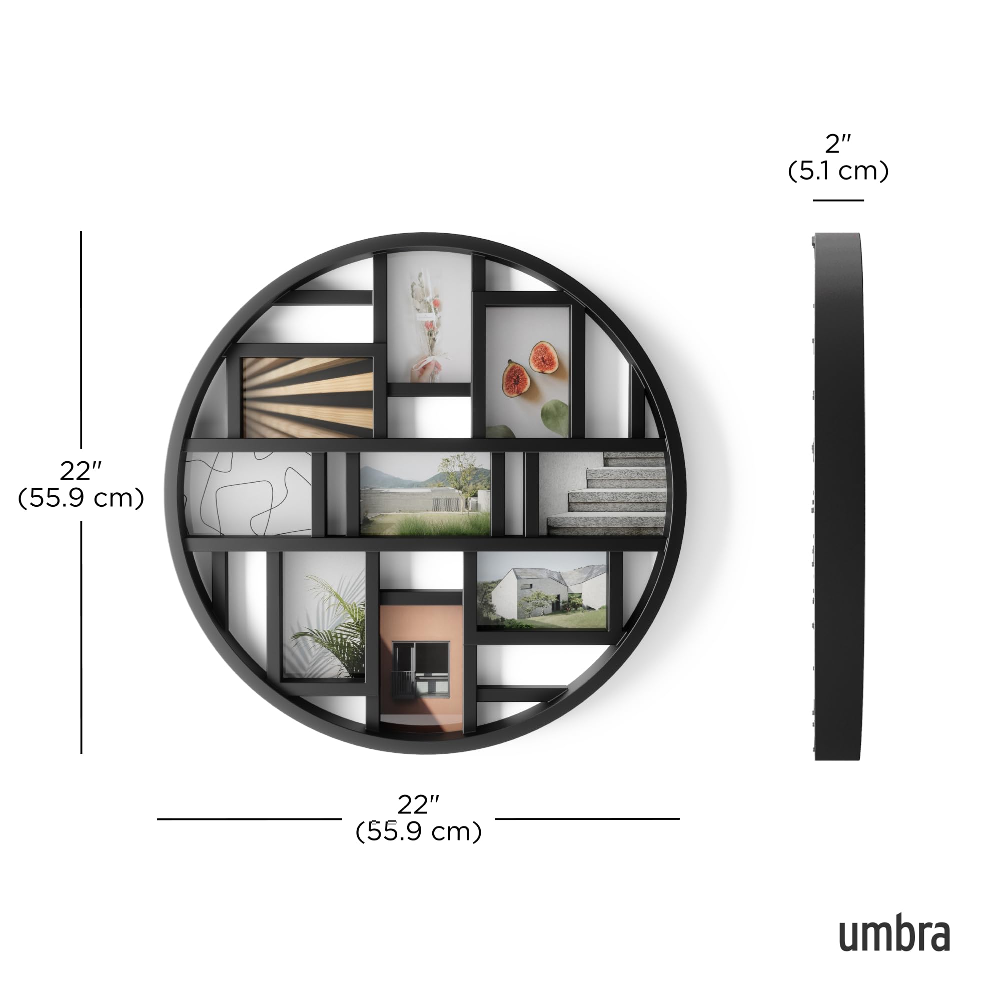 Umbra Luna's 23-inch diameter frame serves as a bold centerpiece on any wall.