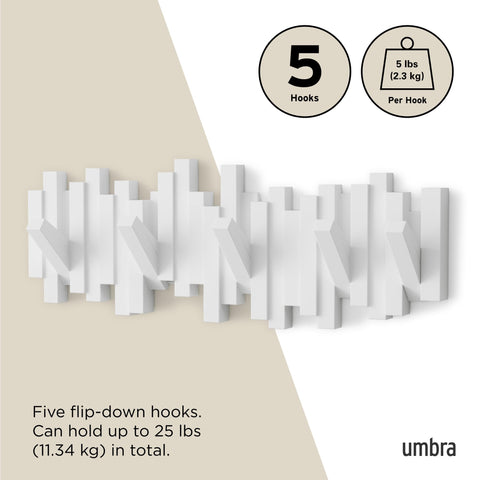 Umbra Sticks coats and scarves hung on five hooks.